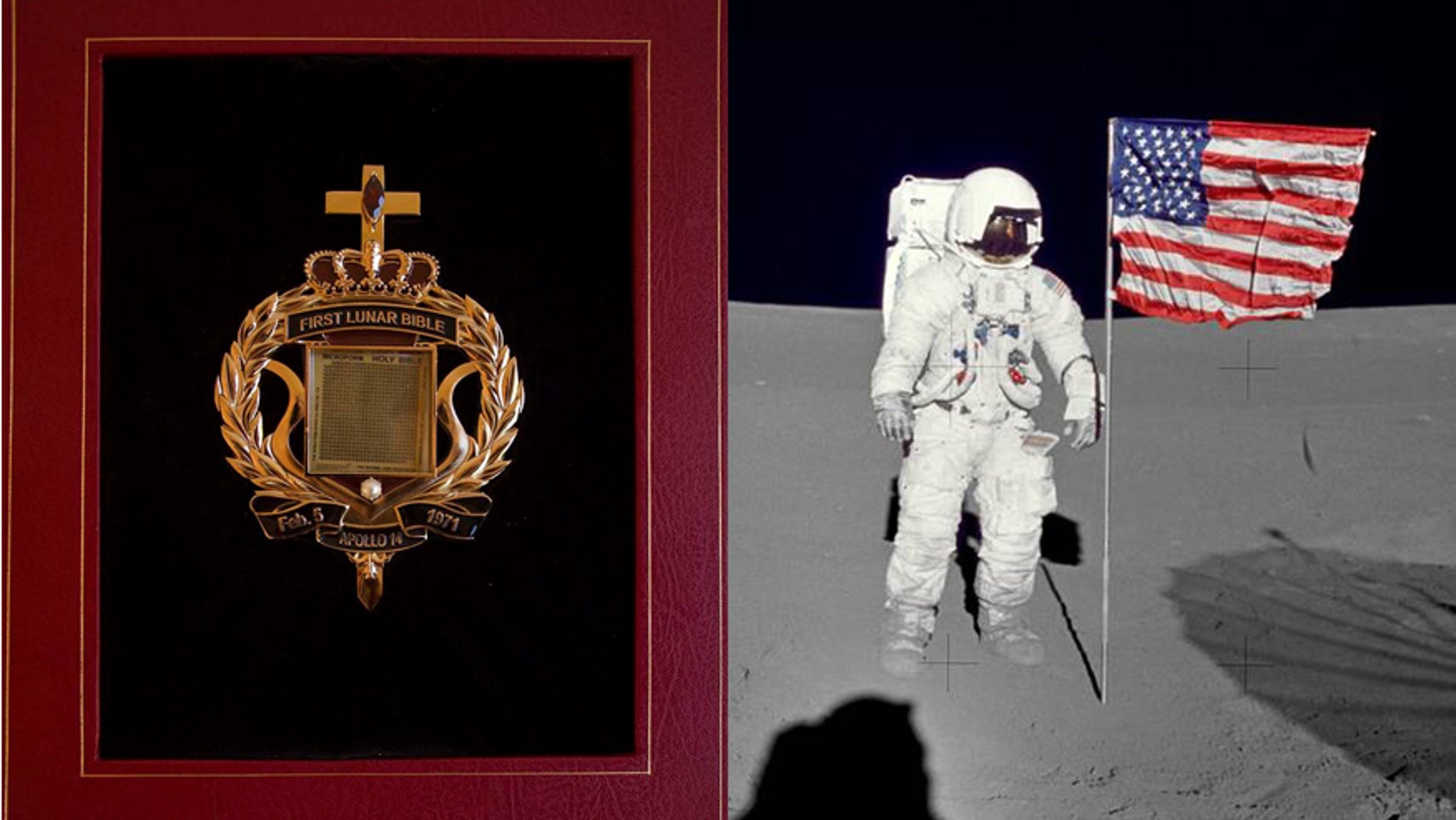 The tiny Bible that traveled to the Moon/File photo of astronaut Edgar Mitchell on the lunar surface (Nate D. Sanders Auctions/NASA)