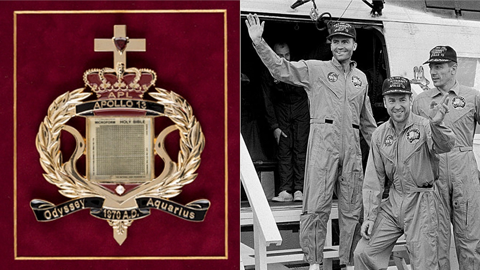 The miniature microform (Nate D. Sanders Auctions). The crewmembers of the Apollo 13 mission, step aboard the recovery ship USS Iwo Jima - from left: Lunar Module Pilot Fred W. Haise Jr.; Commander James A. Lovell Jr.; and Command Module Pilot John L. Swigert Jr. (NASA).