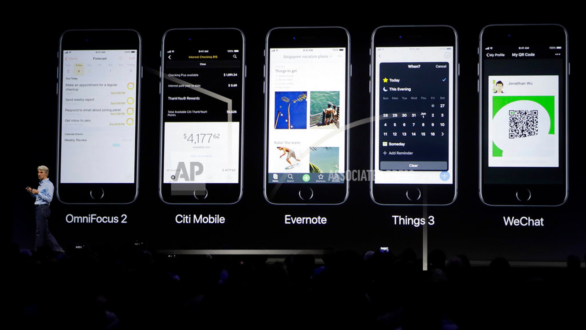 File photo: Craig Federighi, Apple's senior vice president of software engineering, speaks during an announcement of new products at the Apple Worldwide Developers Conference in San Jose, Calif., Monday, June 5, 2017. (AP Photo/Marcio Jose Sanchez)