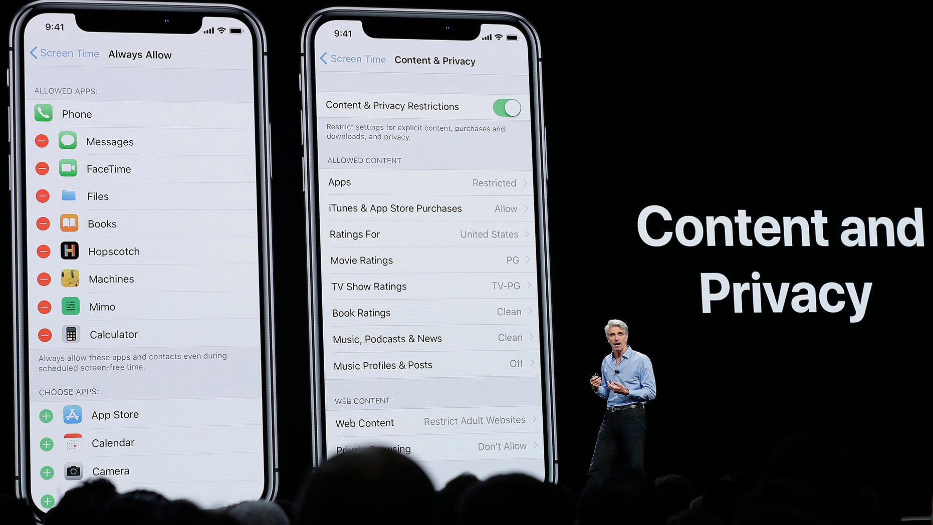 Craig Federighi, Apple's senior vice president of Software Engineering, speaks about content and privacy during an announcement of new products at the Apple Worldwide Developers Conference Monday, June 4, 2018, in San Jose, Calif. (AP Photo/Marcio Jose Sanchez)