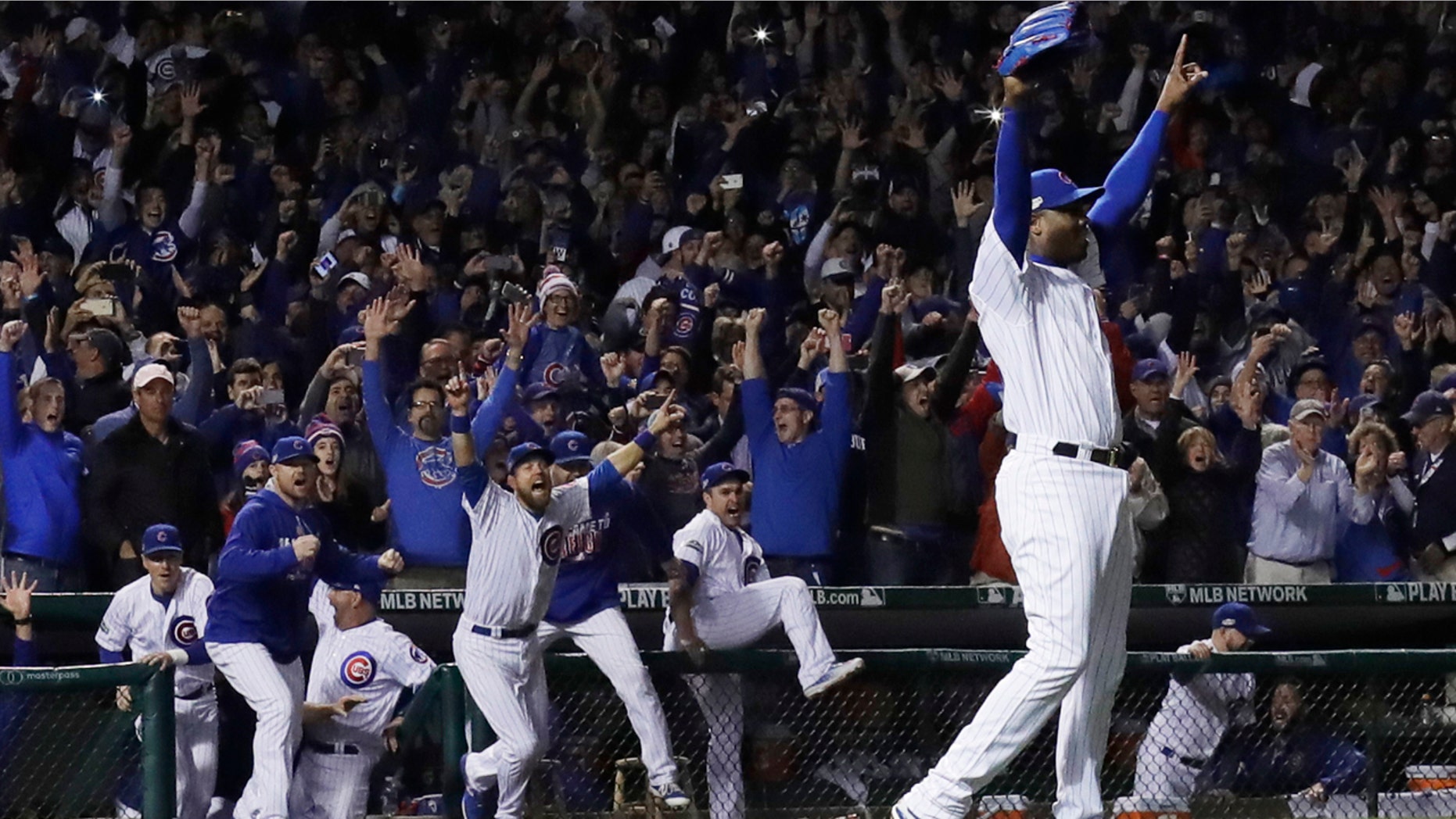 Oct. 22, 2016: Chicago Cubs relief pitcher Aroldis Chapman (54) celebrates after Game 6 of the National League Championship Series against the Los Angeles Dodgers.