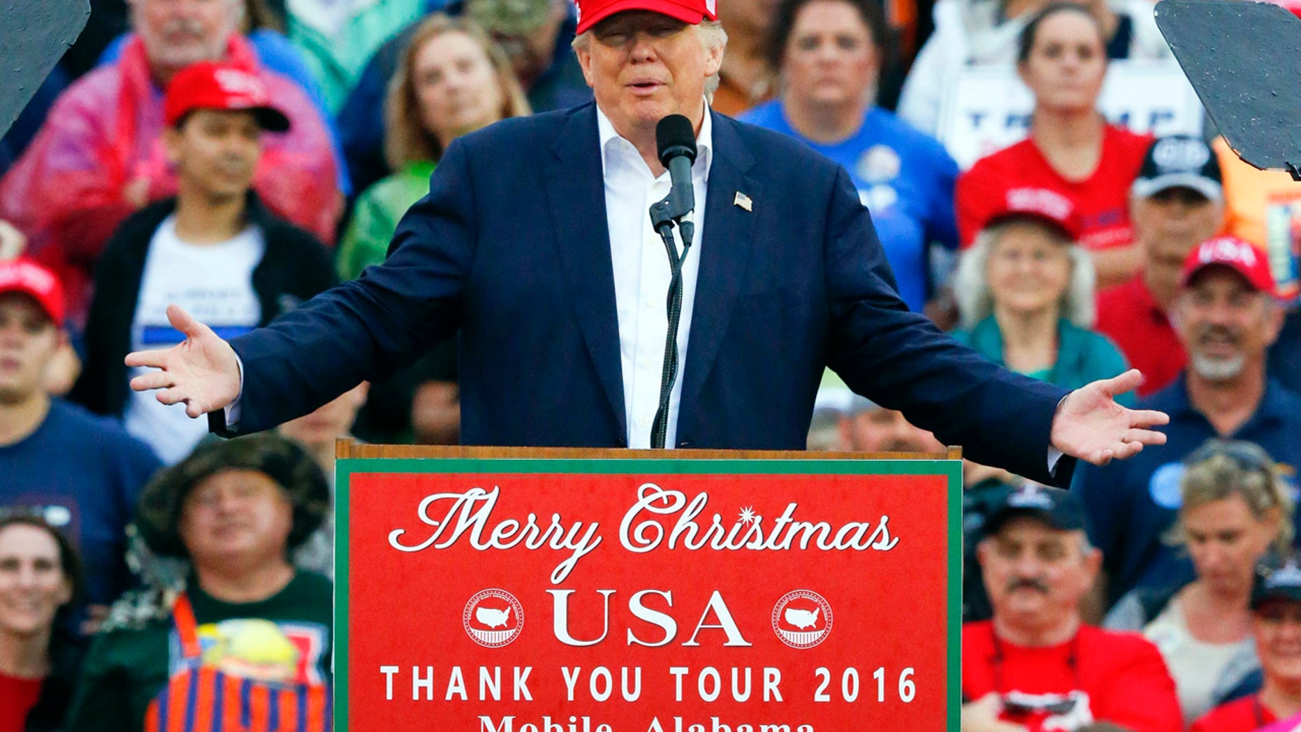 President-elect Donald Trump speaks during a rally at the LaddPeebles Stadium, Saturday, Dec. 17, 2016, in Mobile, Ala. (AP Photo/Brynn Anderson)