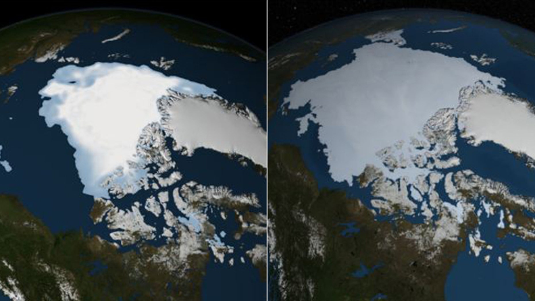 NASA satelite images show the changing Artic sea ice coverage. from August 2012 (left) to August 2013 (right) -- a growth of about a million square miles.