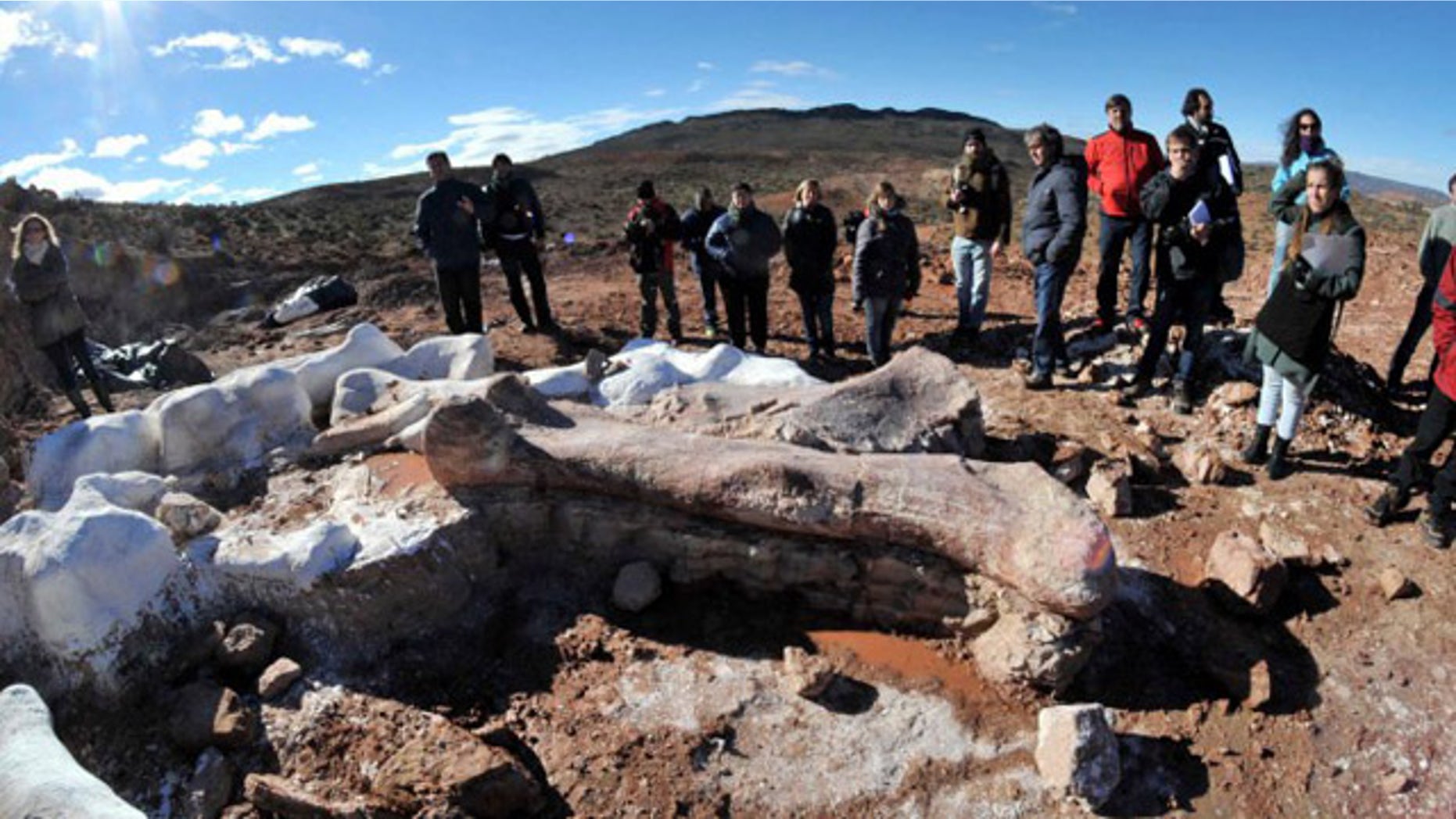 May 16, 2014: Residents and technicians look at the bones of a dinosaur at a farm in La Flecha, west of Argentina's Patagonian city of Trelew. REUTERS/Daniel Feldman