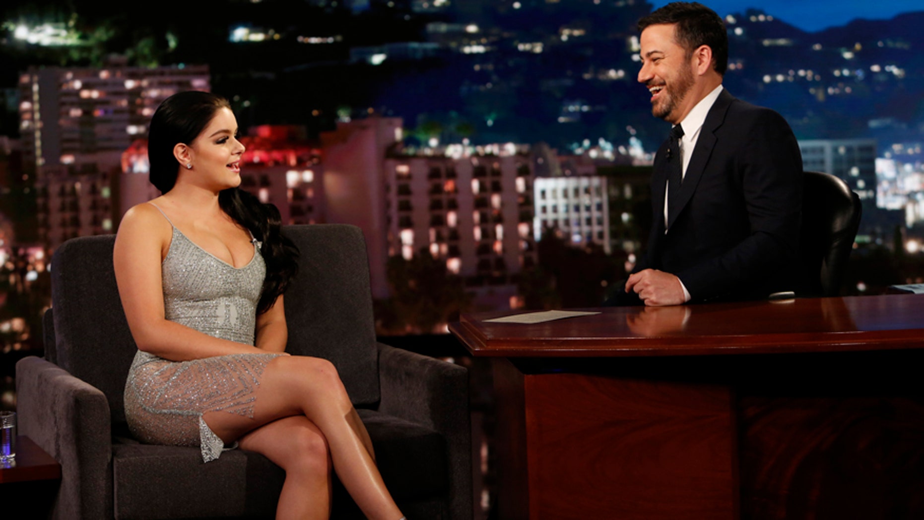 Ariel Winter (left) chats with Jimmy Kimmel on his late night show "Jimmy Kimmel Live," May 10, 2017.