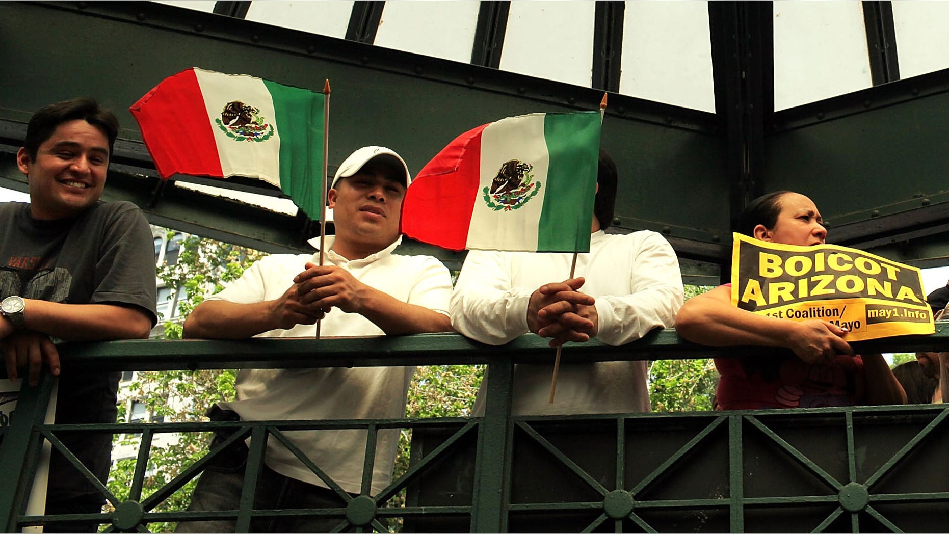 Hundreds of activists, supporters of illegal immigrants and members of the Latino community rally against a new Arizona law in Union Square on May Day on May 1, 2010 in New York City. (Photo by Spencer Platt/Getty Images)