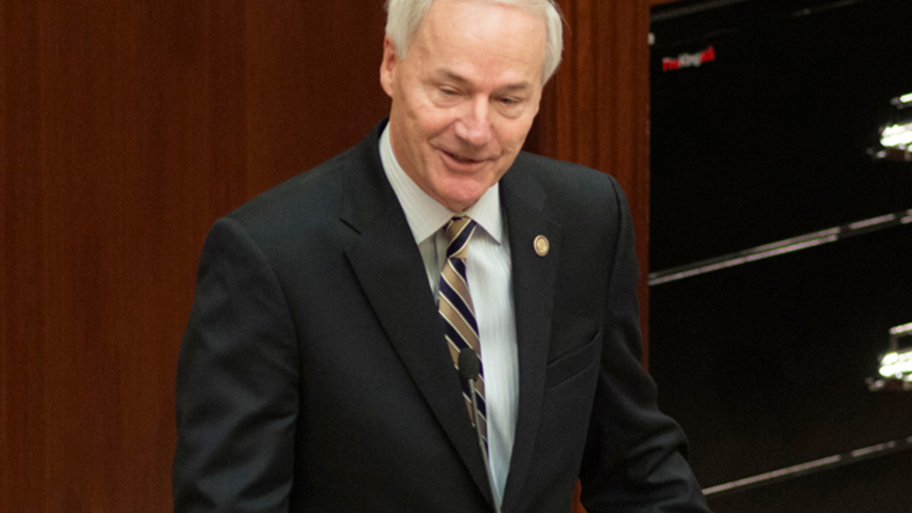 FILE - In this Jan. 10, 2017, file photo, Gov. Asa Hutchinson speaks to the Arkansas Legislature in Little Rock. As an execution drug approaches its expiration date, Hutchinson has ordered four double-executions across a 10-day period in April. Arkansas has no executed any inmate since 2005. (AP Photo/Brian Chilson, File)