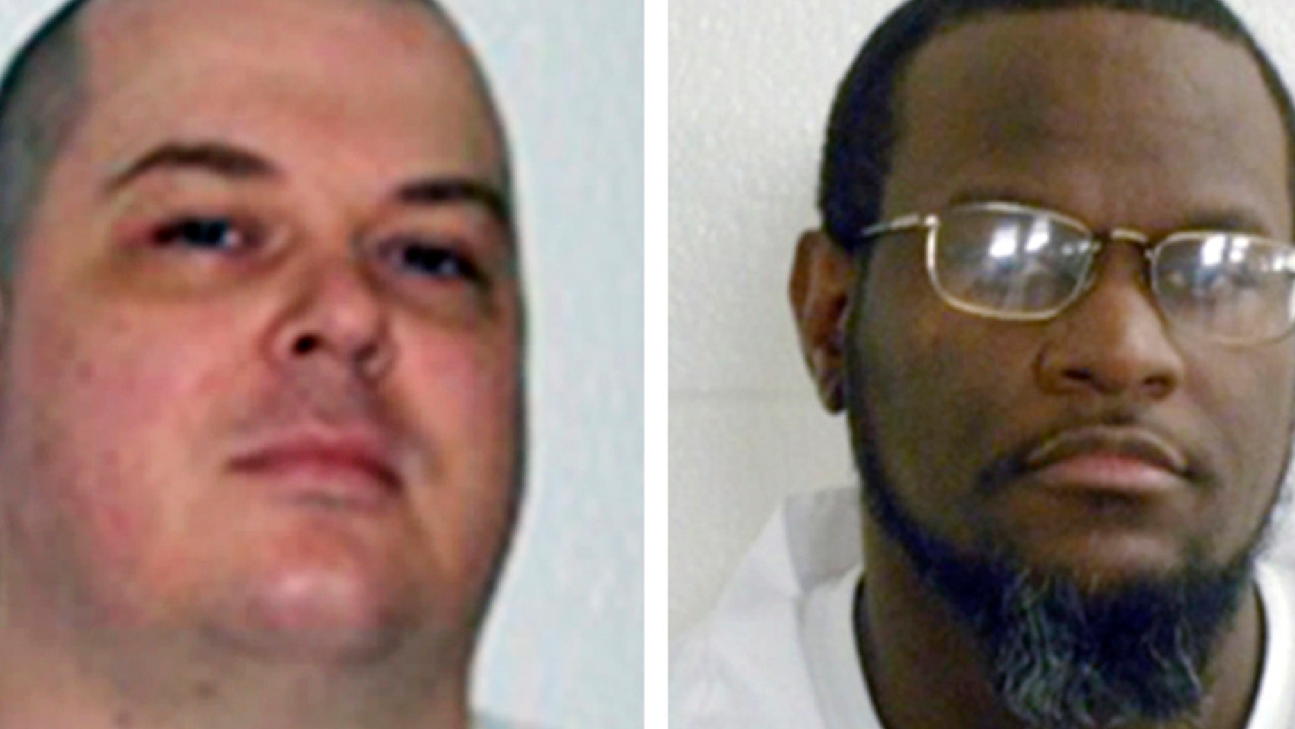 FILE - This combination of undated file photos provided by the Arkansas Department of Correction shows death-row inmates Jason F. McGehee, left, and Kenneth Williams. Both men are scheduled for execution on April 27, 2017. (Arkansas Department of Correction via AP)