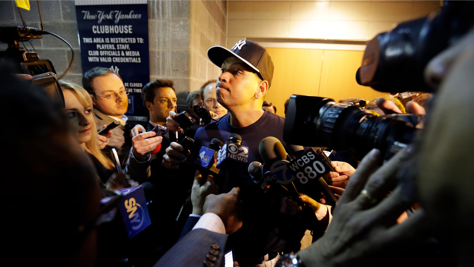 New York Yankees' Alex Rodriguez listens to a question form the media before an opening day a baseball game against the Boston Red Sox, Monday, April 1, 2013, in New York. (AP Photo/Matt Slocum)