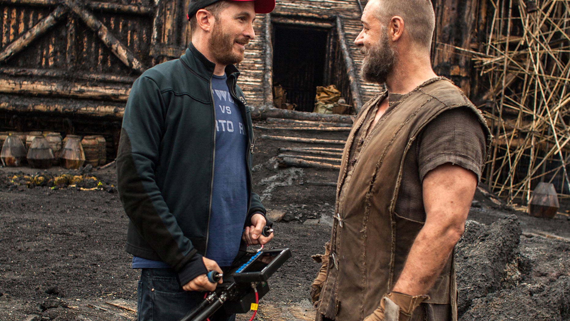 Darren Aronofsky, left, and actor Russell Crowe on the set of, 'Noah.'