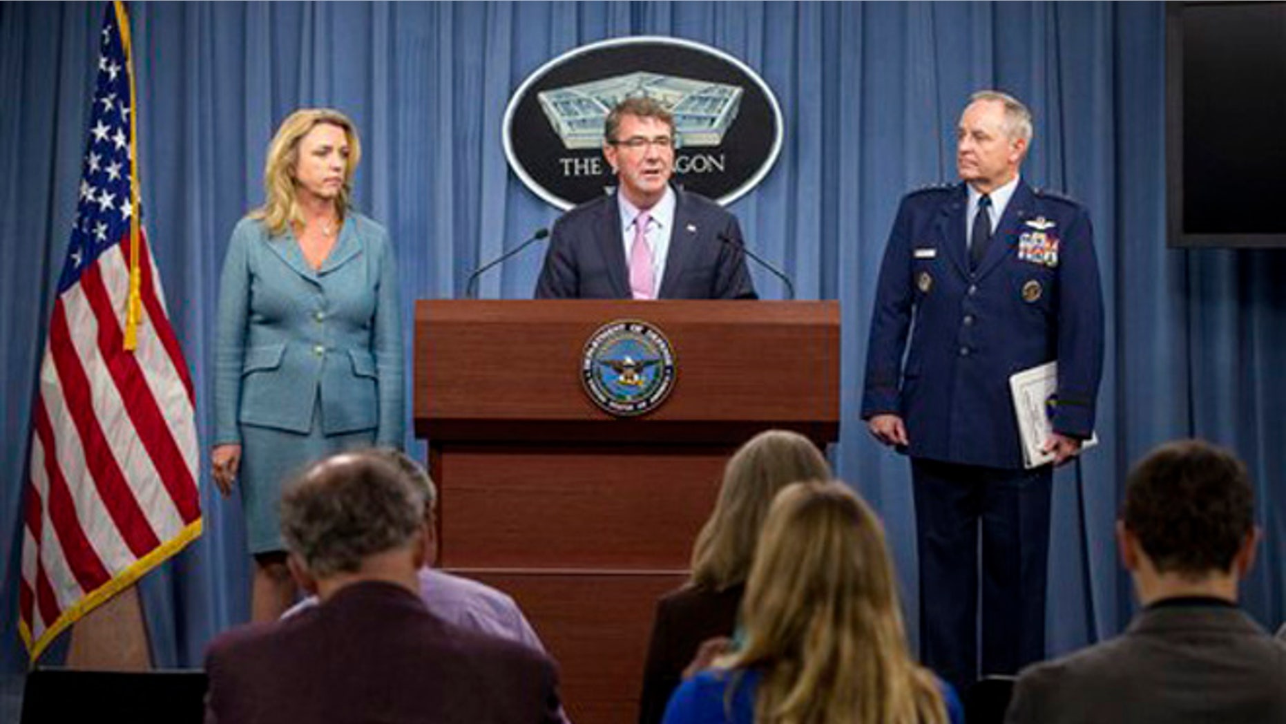 Oct. 27, 2015: Secretary of Defense Ash Carter, center, accompanied by Air Force Secretary Deborah Lee James, left, and Air Force Chief of Staff Gen. Mark Welsh III, right, speak at the announcement news conference that Northrop Grumman is being awarded the US Air Forces next-generation long range strike bomber contract at a news conference at the Pentagon.