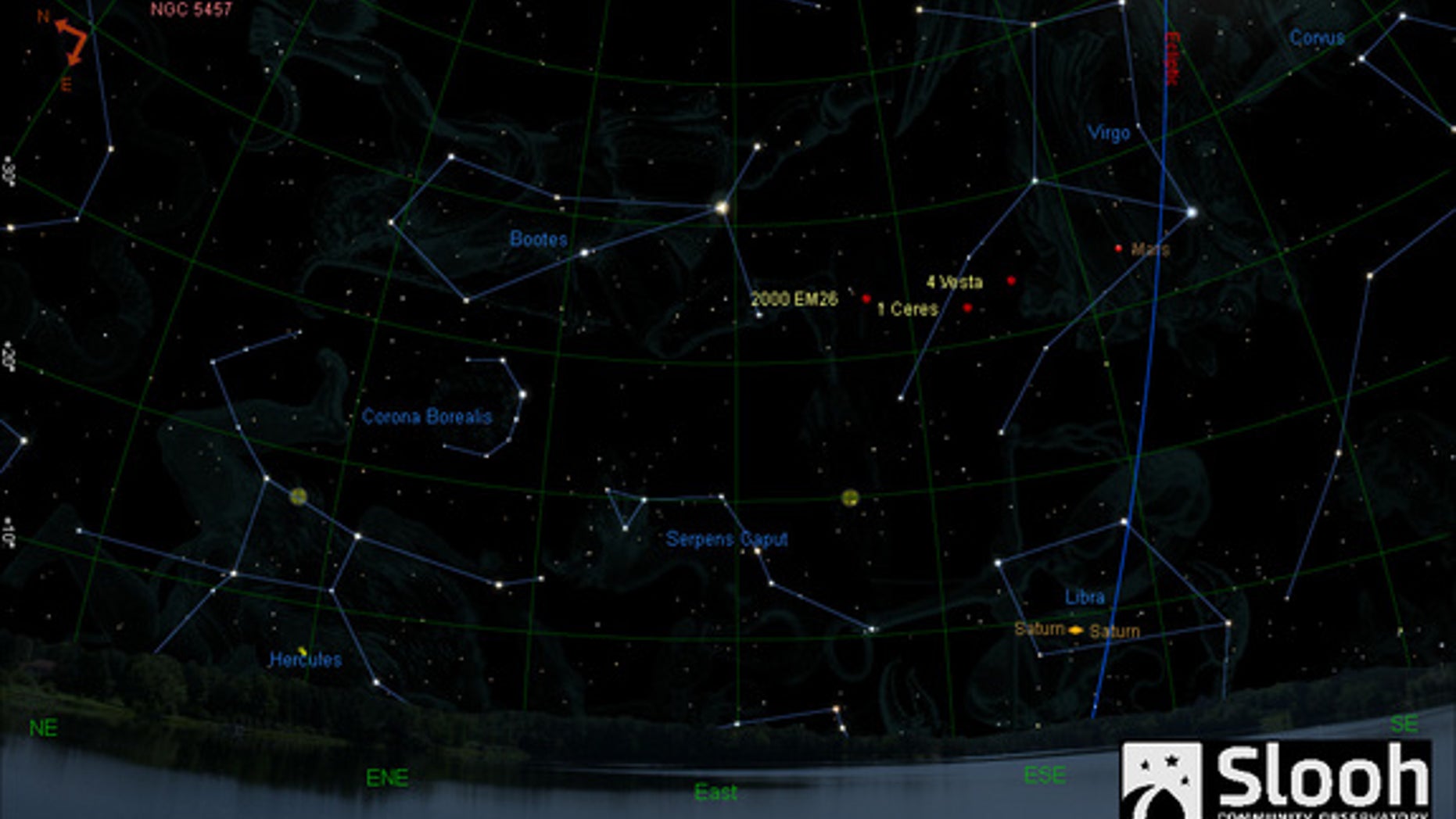 This graphic shows the location of the asteroid 2000 EM26 in the night sky on Feb. 17, 2014 during a live skywatching webcast by the online stargazing venture Slooh.