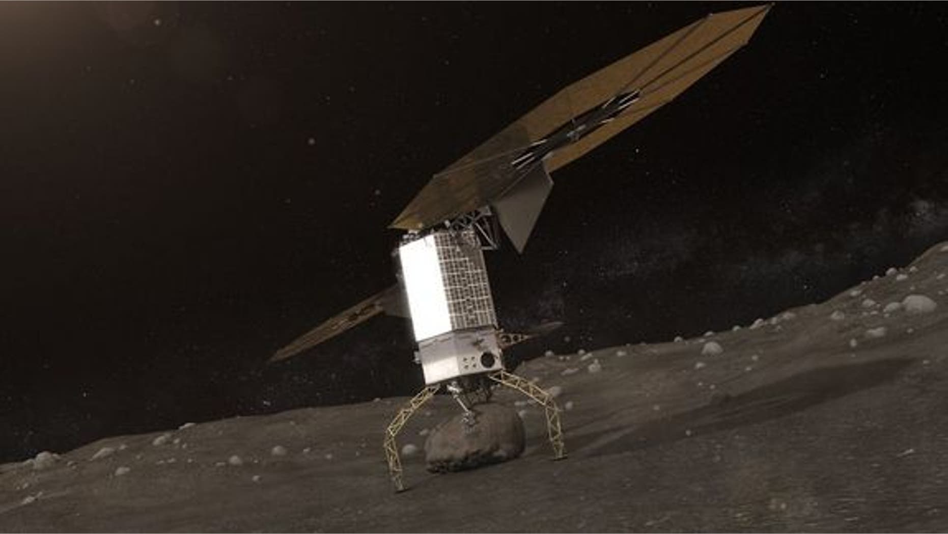 Artist's concept showing a robotic spacecraft grabbing a boulder off a near-Earth asteroid. NASA's Asteroid Redirect Mission aims to haul such a boulder to lunar orbit by 2025.