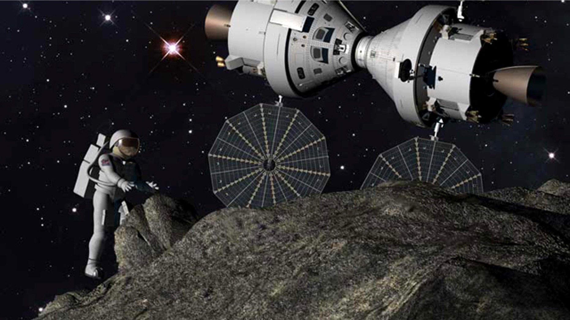 This artist's illustration depicts a 'Plymouth Rock' asteroid mission with astronauts and NASA's Orion spacecraft as envisioned by Lockheed Martin.