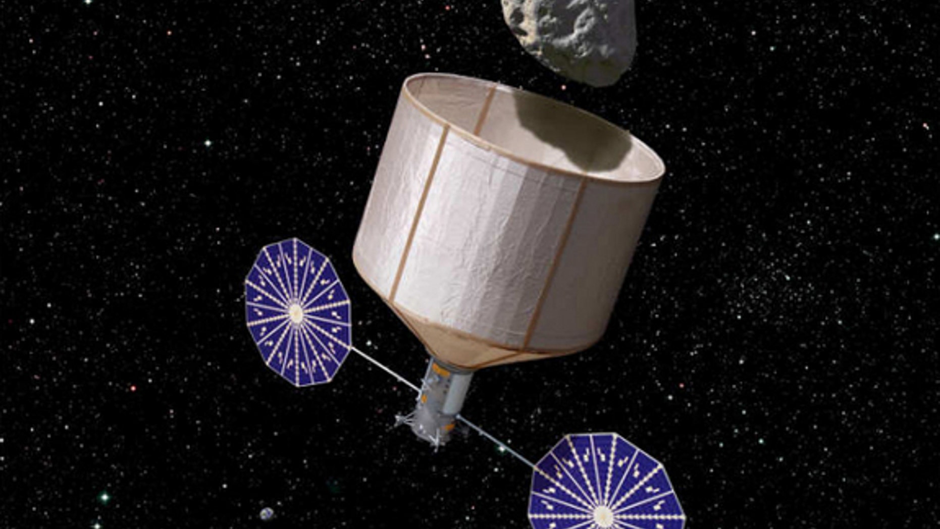 An artist's illustration of an asteroid retrieval spacecraft capturing a 500-ton asteroid that is about 7 meters wide.