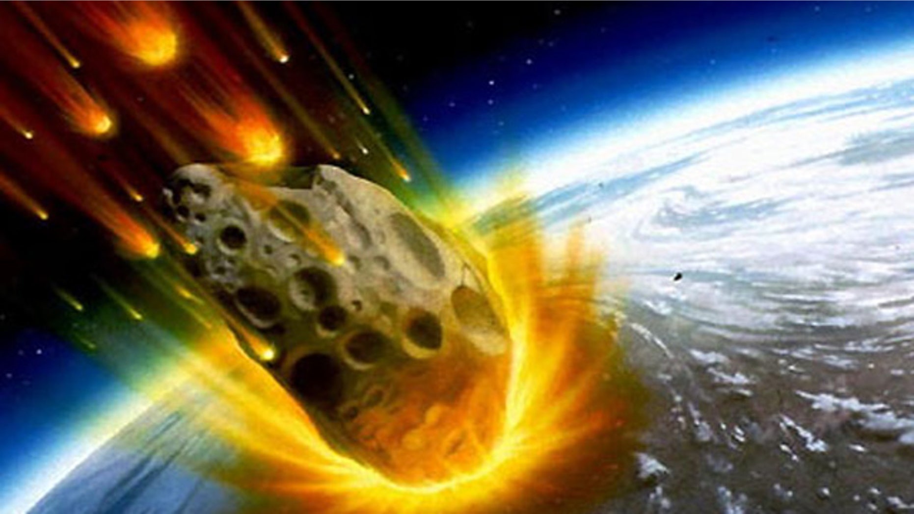 An artist's impression of an asteroid about to smash into the Earth.