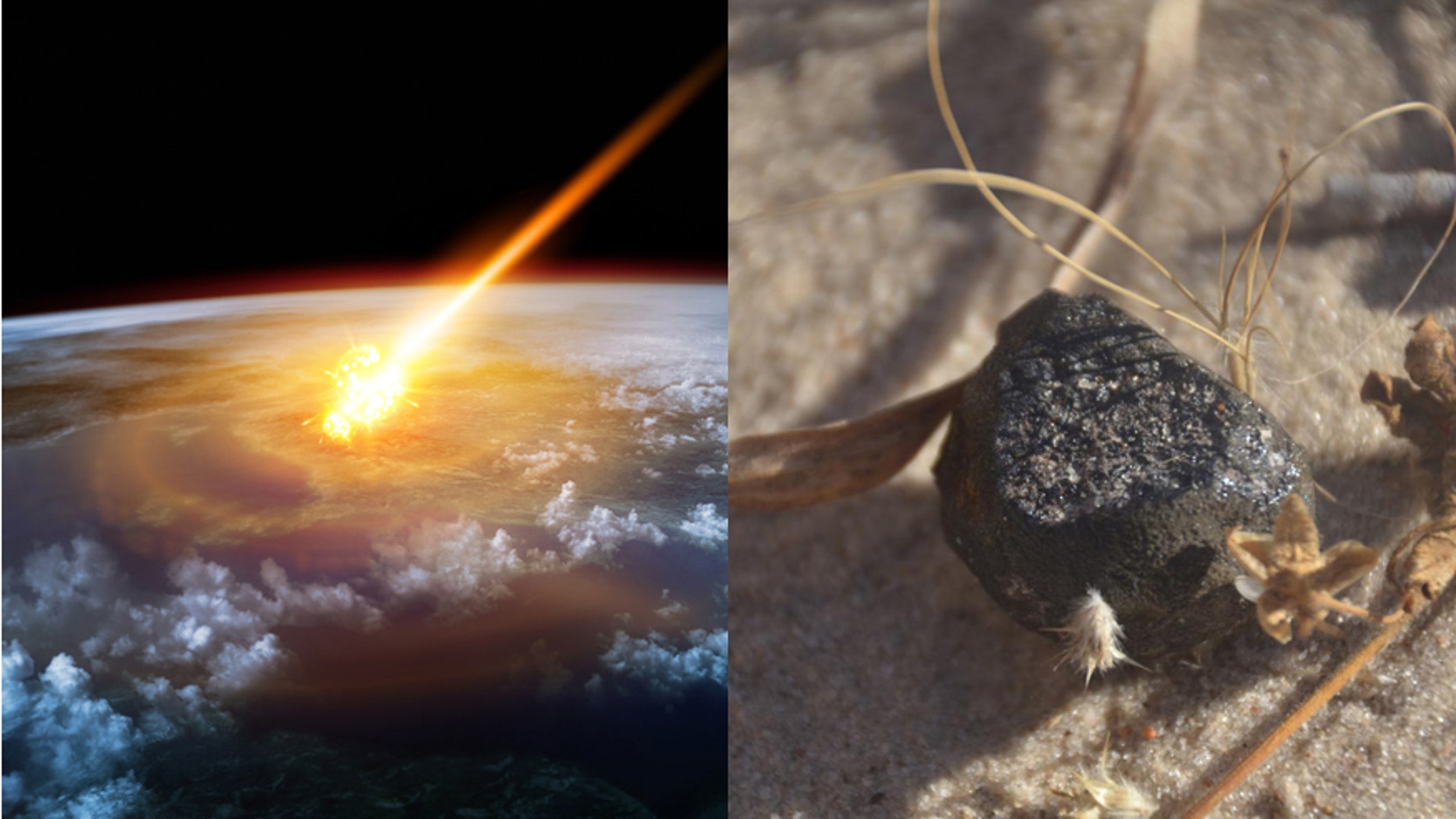 A meteor glowing as it enters the Earth's atmosphere (James Thew) (iStock)/The meteroite fragment found in Botswana