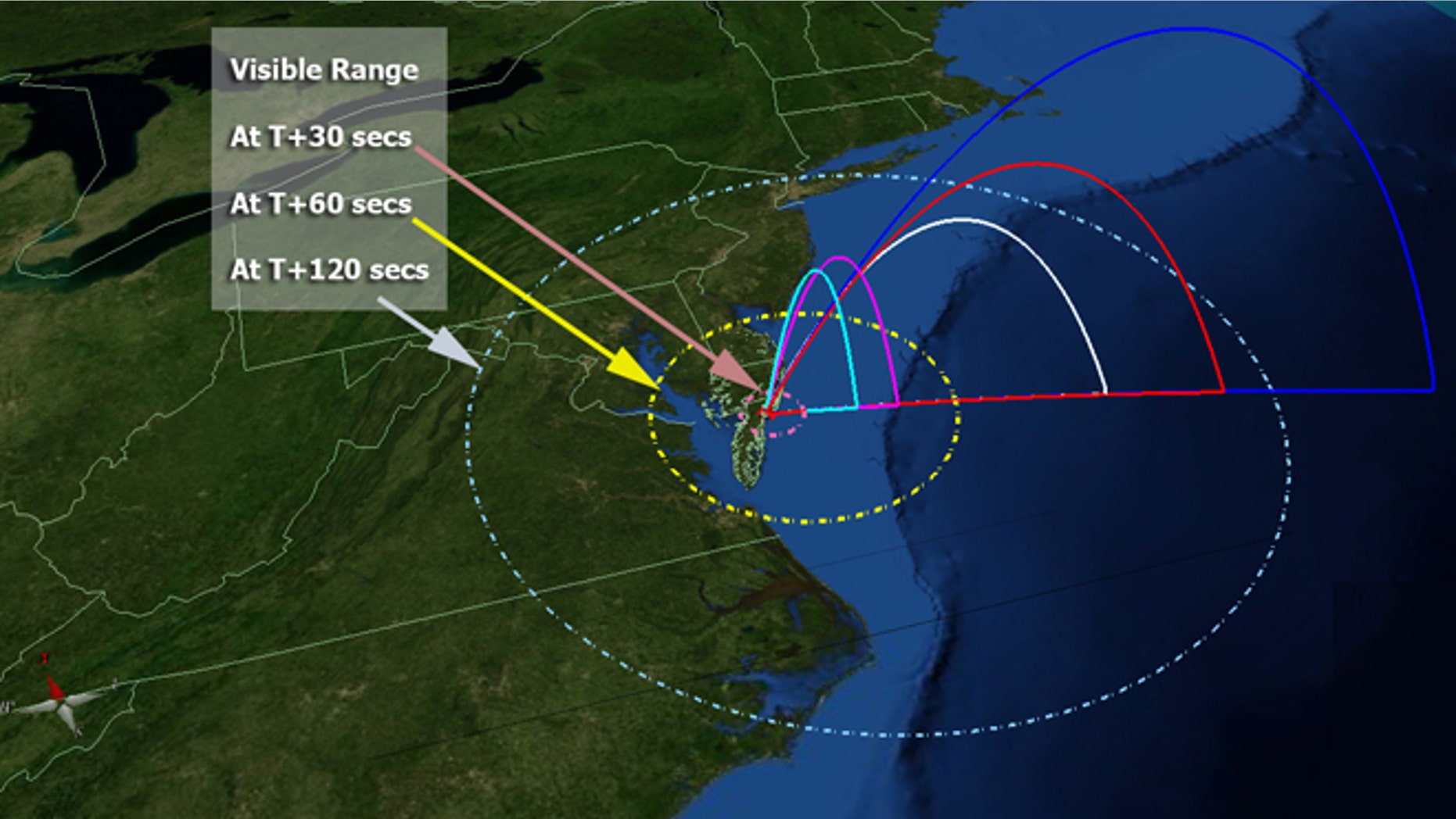 This map of the United States' mid-Atlantic region shows the flight profile of NASA's five ATREX rockets, as well as the projected area where they may be visible after launch on March 14, 2012. The rockets' chemical tracers, meanwhile, should be visible from South Carolina through much of New England.
