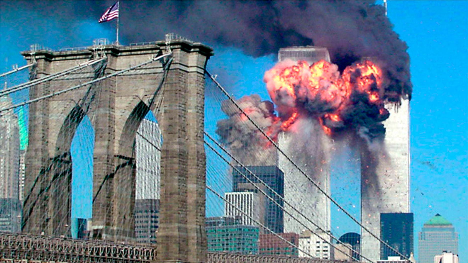 The second of the World Trade Center bursts into flames on September 11, 2001.