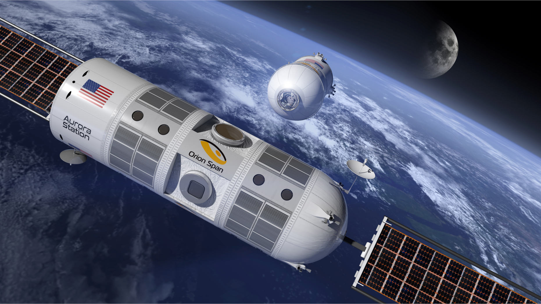 Artist's illustration of Orion Span's planned orbiting hotel, Aurora Station.