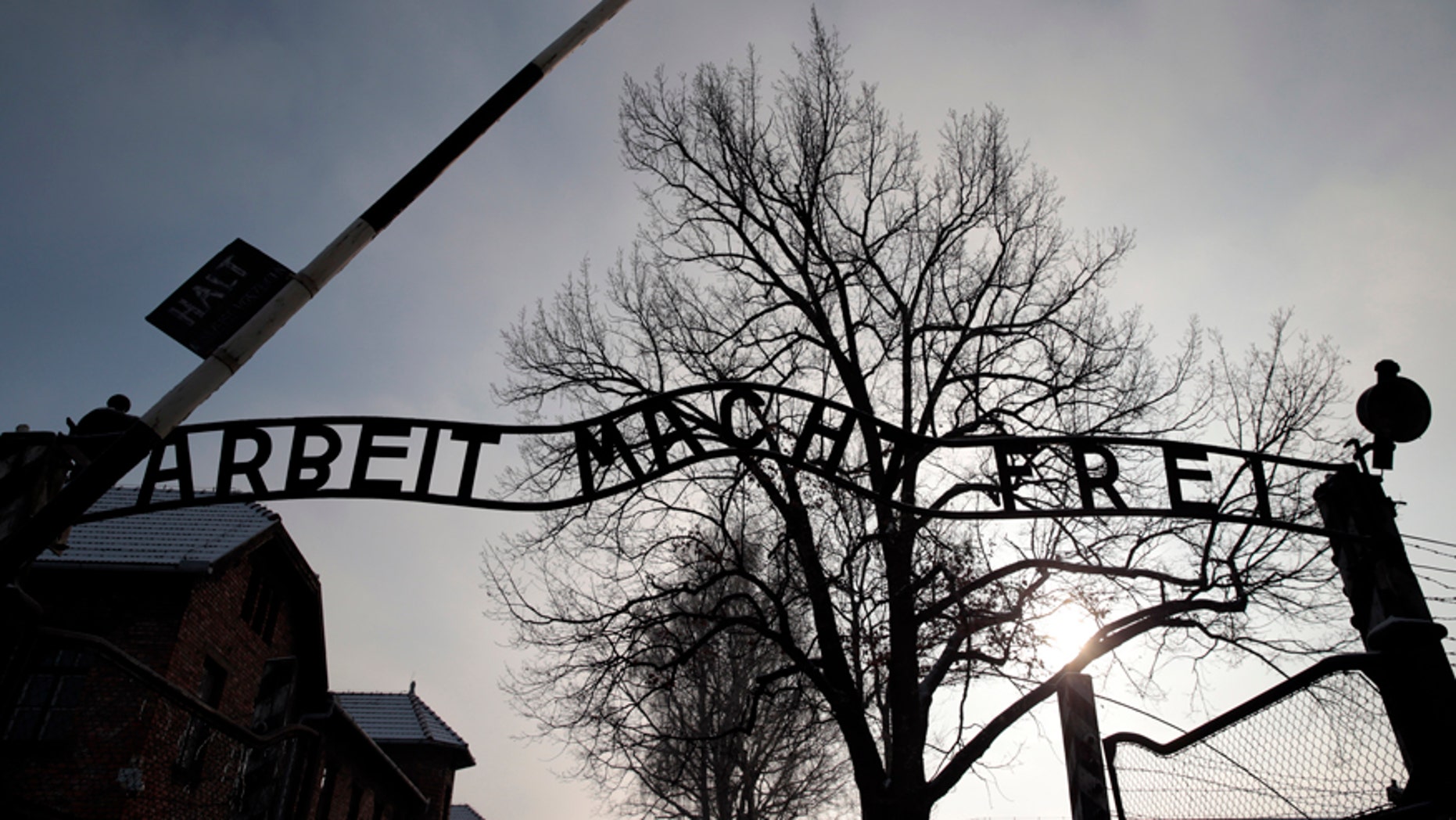 The sign "Arbeit macht frei" (Work makes you free) is pictured at the main gate of the former Auschwitz concentration camp.