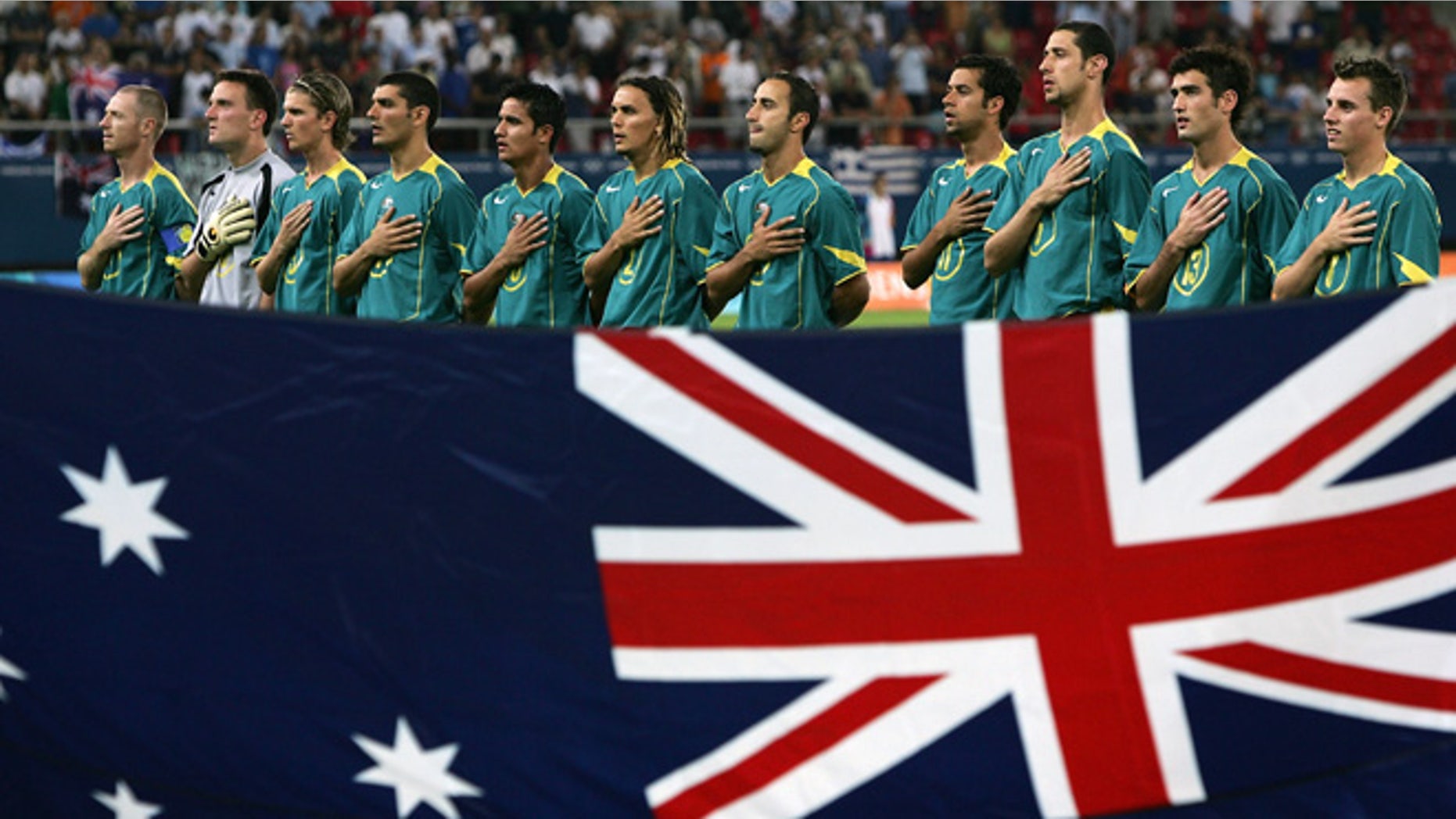 The Australian soccer team during the Athens 2004 Summer Olympic Games at Karaiskaki Stadium.