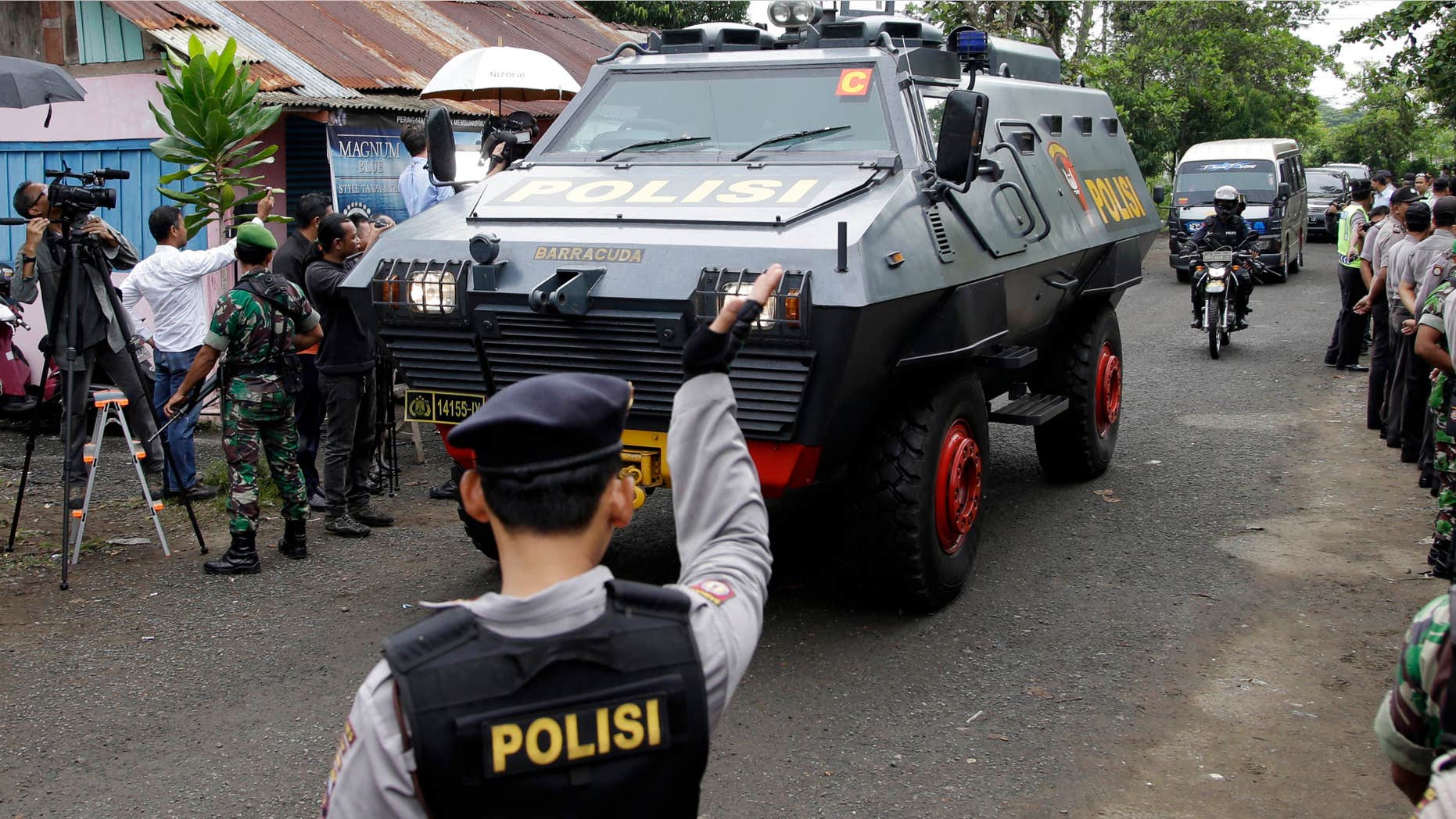 March 4, 2015: One of Indonesian police armored vehicles carrying two Australian prisoners arrives at Wijaya Pura port in Cilacap, Central Java, Indonesia.