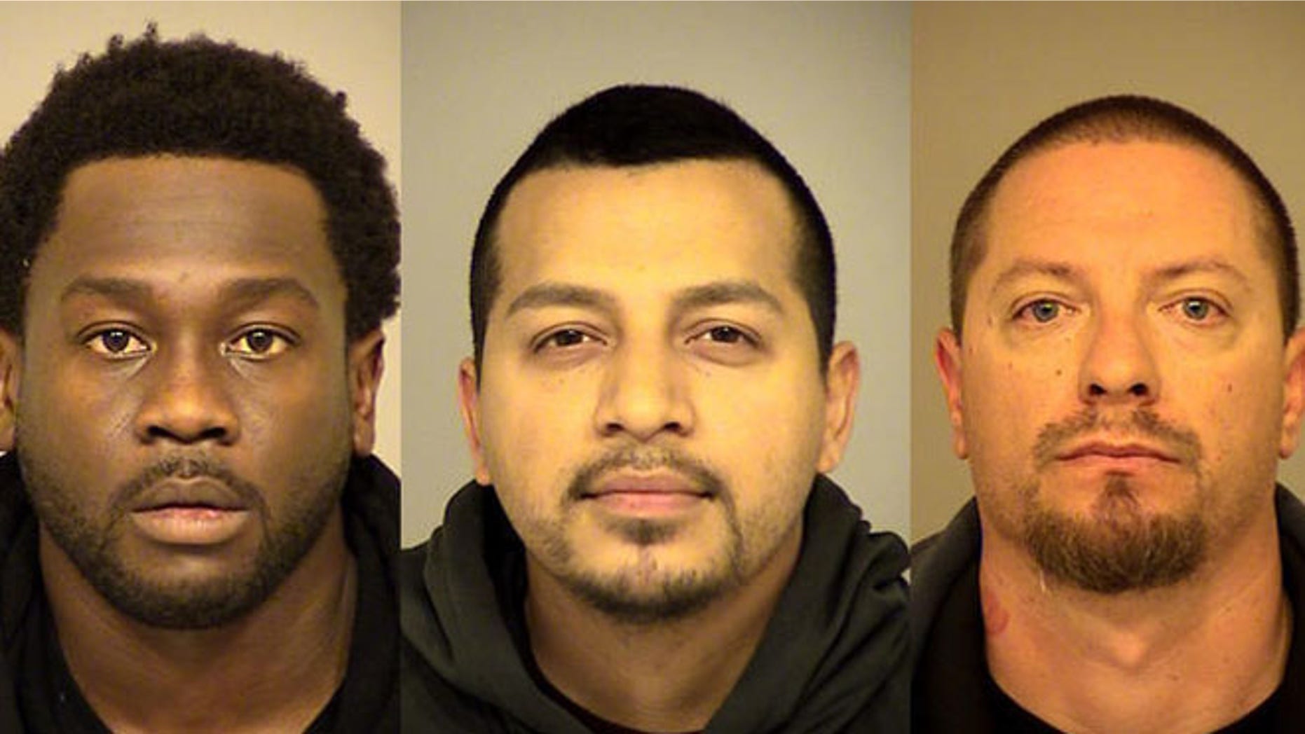 Mugs shots for Rahim Leblanc, 30, (l) Carlos Chavez, 28, (c) and Joseph Valenzuela, 38, (r).