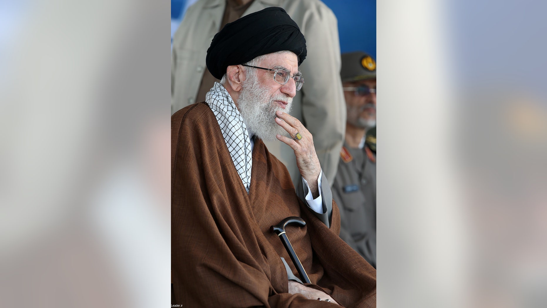 In this picture released by the official website of the office of the Iranian supreme leader on Wednesday, Sept. 30, 2015, Supreme Leader Ayatollah Ali Khamenei attends a graduation ceremony of the Iranian Navy cadets in the Northern city of Noshahr, Iran. (Office of the Iranian Supreme Leader via AP)