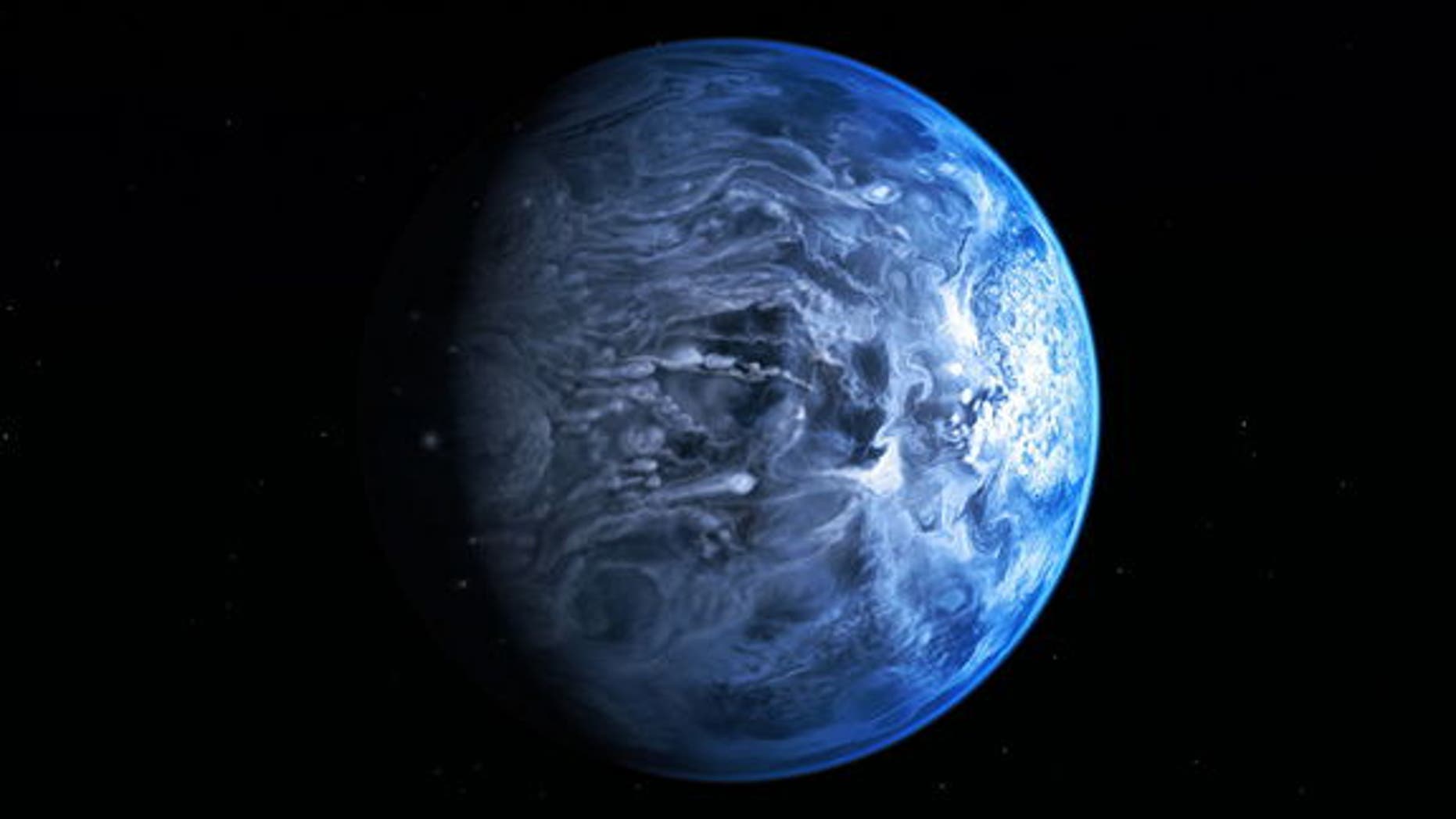 This illustration shows HD 189733b, a huge gas giant that orbits very close to its host star HD 189733. The planet's atmosphere is scorching with a temperature of over 1000 degrees Celsius, and it rains glass, sideways, in howling 7000 kilomete