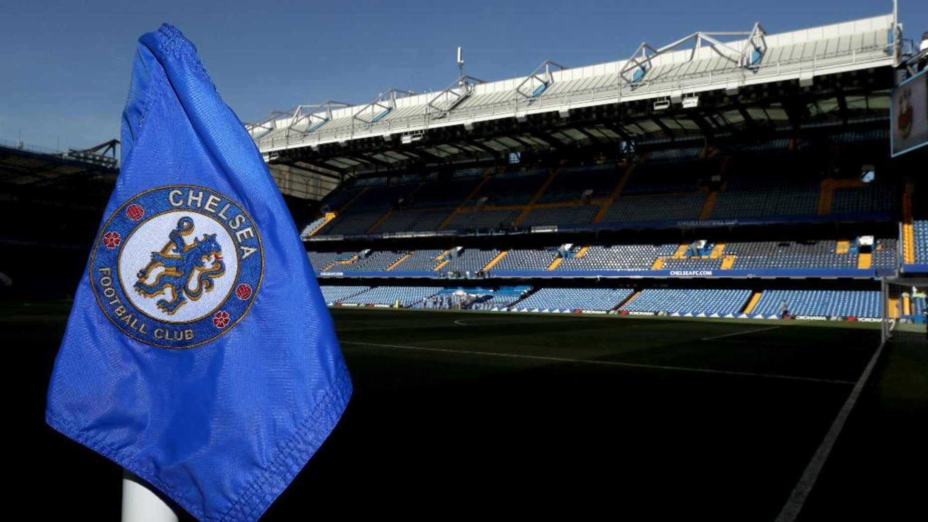 FILE - This is a Aug. 15, 2016 file photo of a corner flag at Stamford Bridge, the home of Chelsea FC in London. A former Chelsea player says he was paid by the Premier League club to "keep a lid" on sexual abuse he suffered at the hands of its former chief scout. Gary Johnson, who is now 57, told Britain's Daily Mirror newspaper he was groomed and sexually assaulted repeatedly every week from the age of 13 until he was 16 or 17.(Nick Potts/PA via AP)