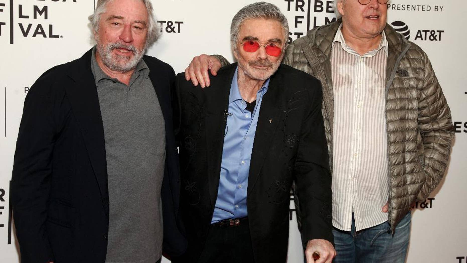 Robert De Niro, from left, Burt Reynolds and Chevy Chase attend the screening of "Dog Years," during the 2017 Tribeca Film Festival, at Cinepolis Chelsea on Saturday, April 22, 2017, in New York. (Photo by Andy Kropa/Invision/AP)