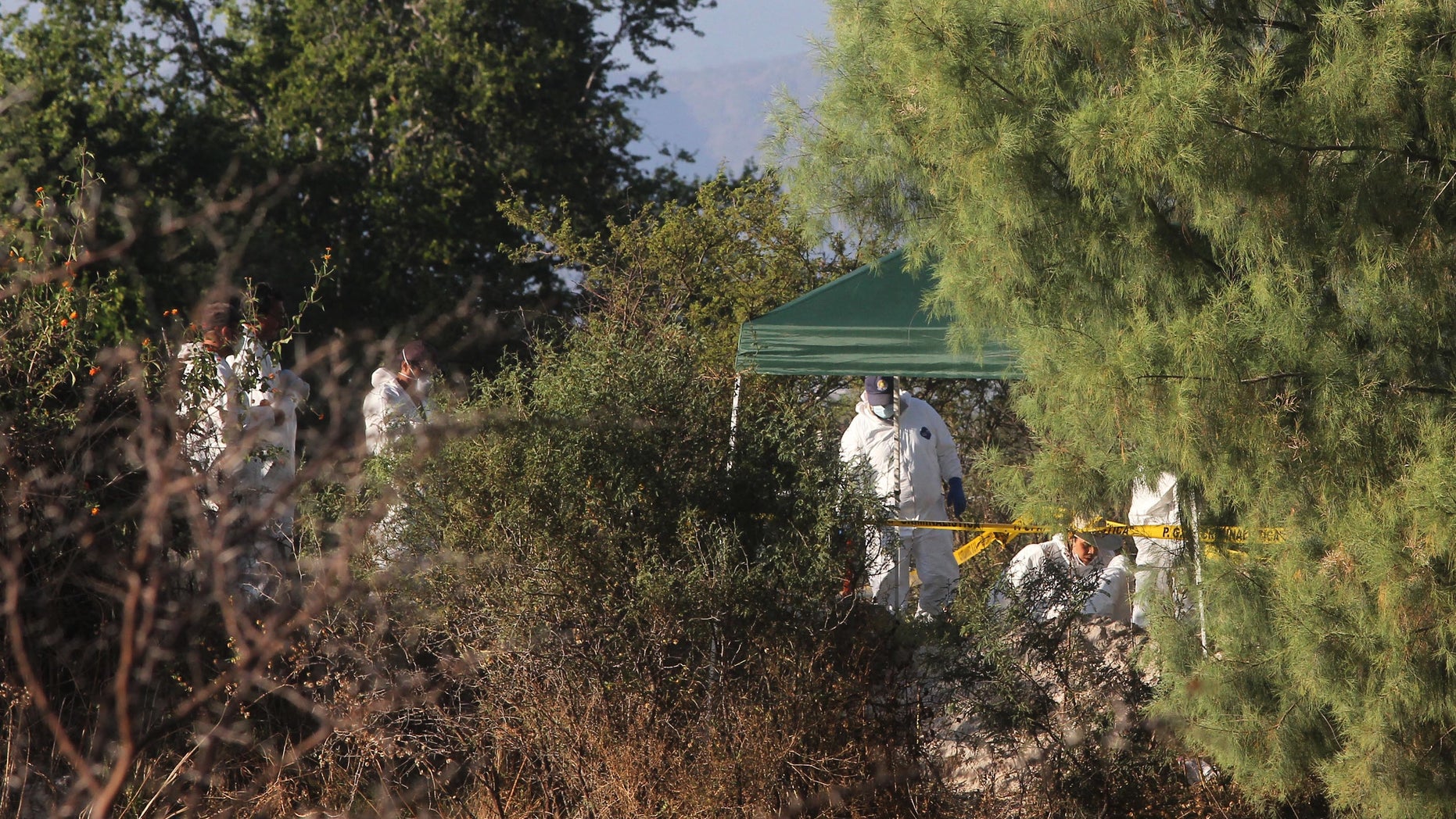 Forensic workers continue their search for bodies after several clandestine graves were found near the town of La Barca, western Mexico, Monday, Nov. 25, 2013. The number of bodies found in almost two dozen clandestine graves at the site has risen to 42, after five more corpses were discovered over the weekend. Agents were led to the 22 mass graves by local police officers who confessed to working with a drug cartel. (AP Photo)