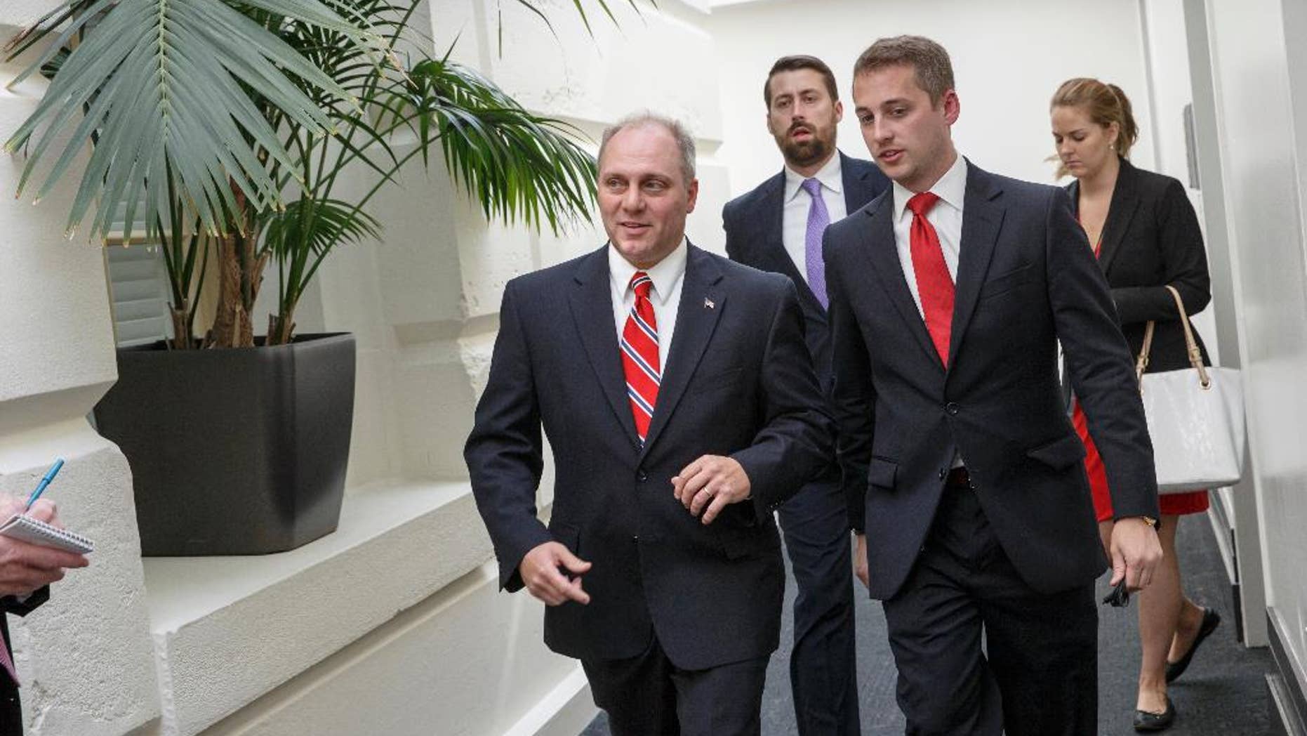 Rep. Steve Scalise, R-La., the new House GOP whip, leaves a closed-door Republican strategy session on the immigration crisis at the U.S.-Mexico border after last-minute maneuvering failed to lock down conservative support for a planned vote, at the Capitol in Washington, Thursday, July 31, 2014. The surprise developments, coming on Congress' final day of action ahead of a five-week summer recess, were an embarrassing setback for Speaker John Boehner and his leadership team as a small group of tea party lawmakers once again upset their plans. (AP Photo/J. Scott Applewhite)