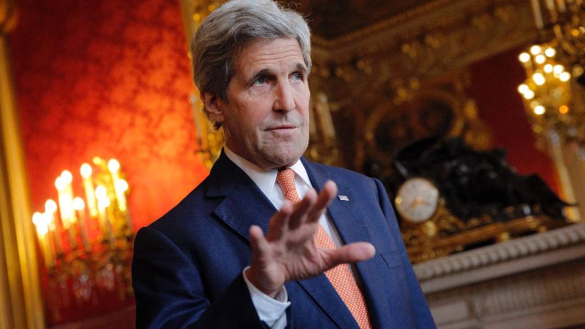 U.S. Secretary of State John Kerry speaks to journalists before a meeting with French Foreign minister Jean-Marc Ayrault, in Paris, Monday, May 9, 2016. Kerry has arrived in Paris for talks on the conflict in Syria. Representatives of Britain, Germany, Italy, Saudi Arabia, UAE, Qatar, Jordan, Turkey and the EU have also been invited in Paris Monday for a meeting in the presence of the Riad Hijab, head of the Western-backed Syrian opposition coalition, in an effort to relaunch the Syrian peace process.(AP Photo/Christophe Ena)