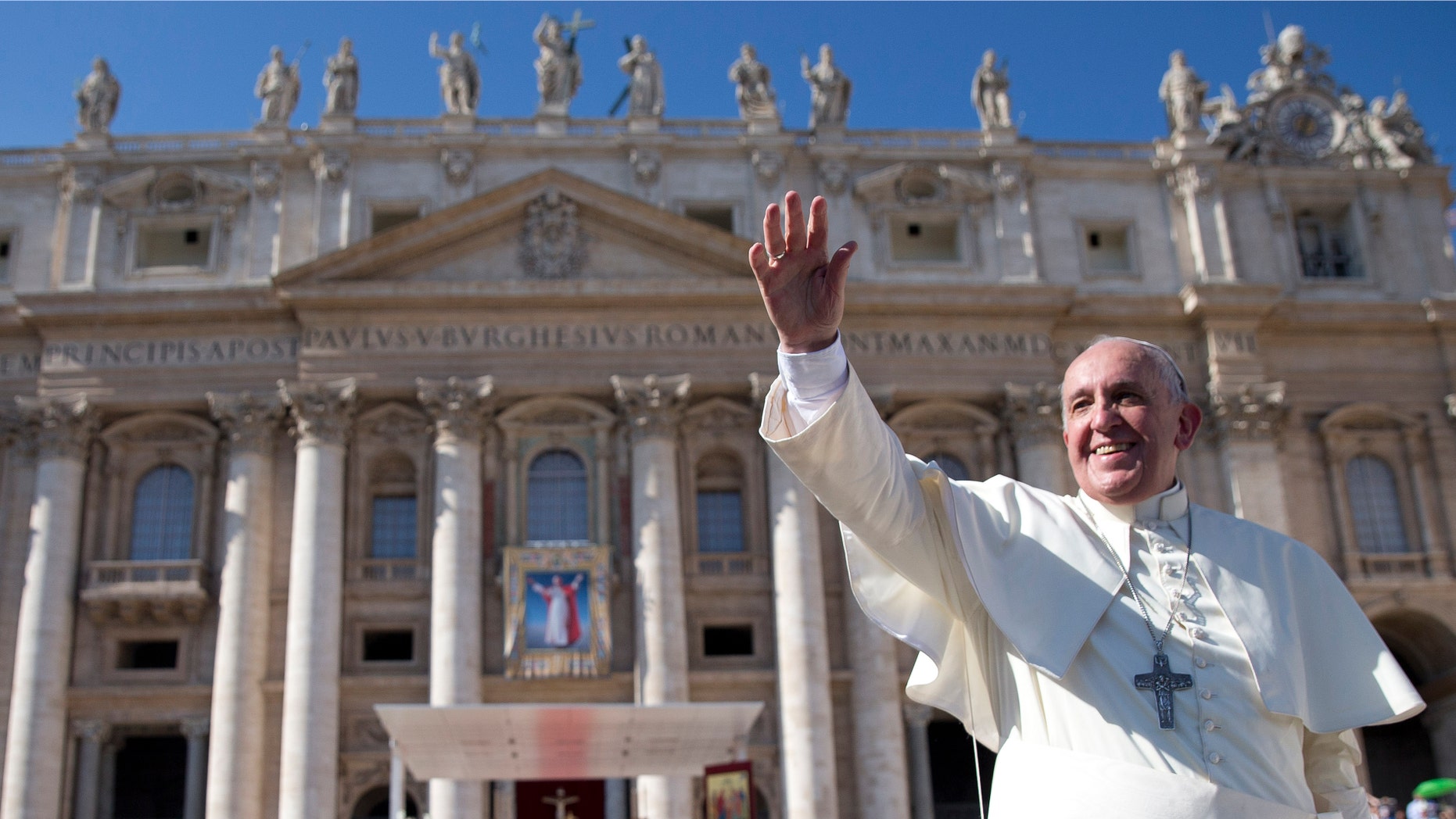Pope Francis waves as he leaves after he celebrated the beatification ceremony of Pope Paul VI, and a mass for the closing of of a two-week synod on family issues, in Saint Peter's Square at the Vatican, Sunday, Oct. 19, 2014. (AP Photo/Andrew Medichini)