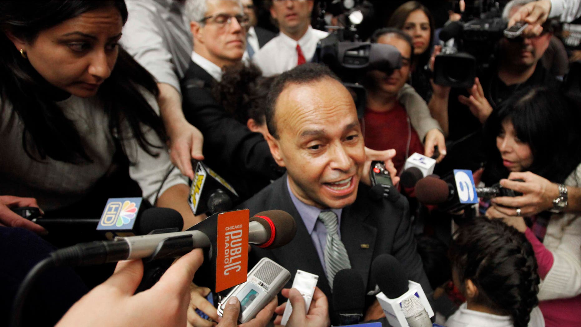 U.S. Rep. Luis Gutierrez, D-Ill., addresses a crowd where he announced he would not run for mayor of Chicago during an event on the University of Illinois-Chicago campus Thursday, Oct. 14, 2010 in Chicago. (AP Photo/Charles Rex Arbogast)