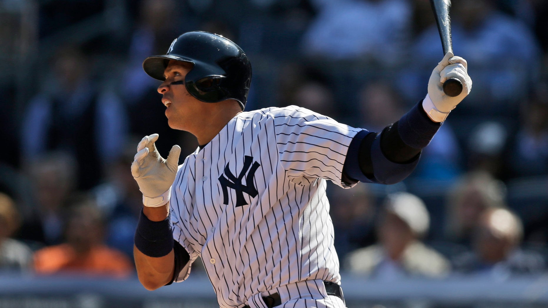 Alex Rodriguez after a base hit against the Toronto Blue Jays at Yankee Stadium, Monday, April 6, 2015.