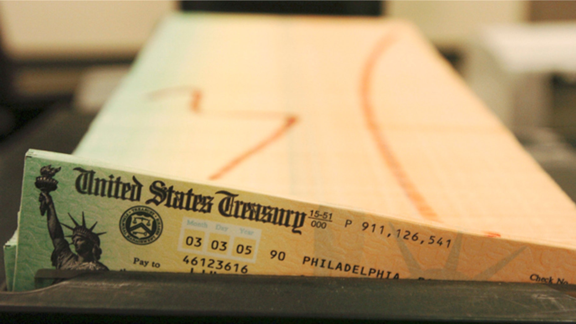 FILE: Trays of printed social security checks wait to be mailed from the U.S. Treasury's Financial Management services facility in Philadelphia.
