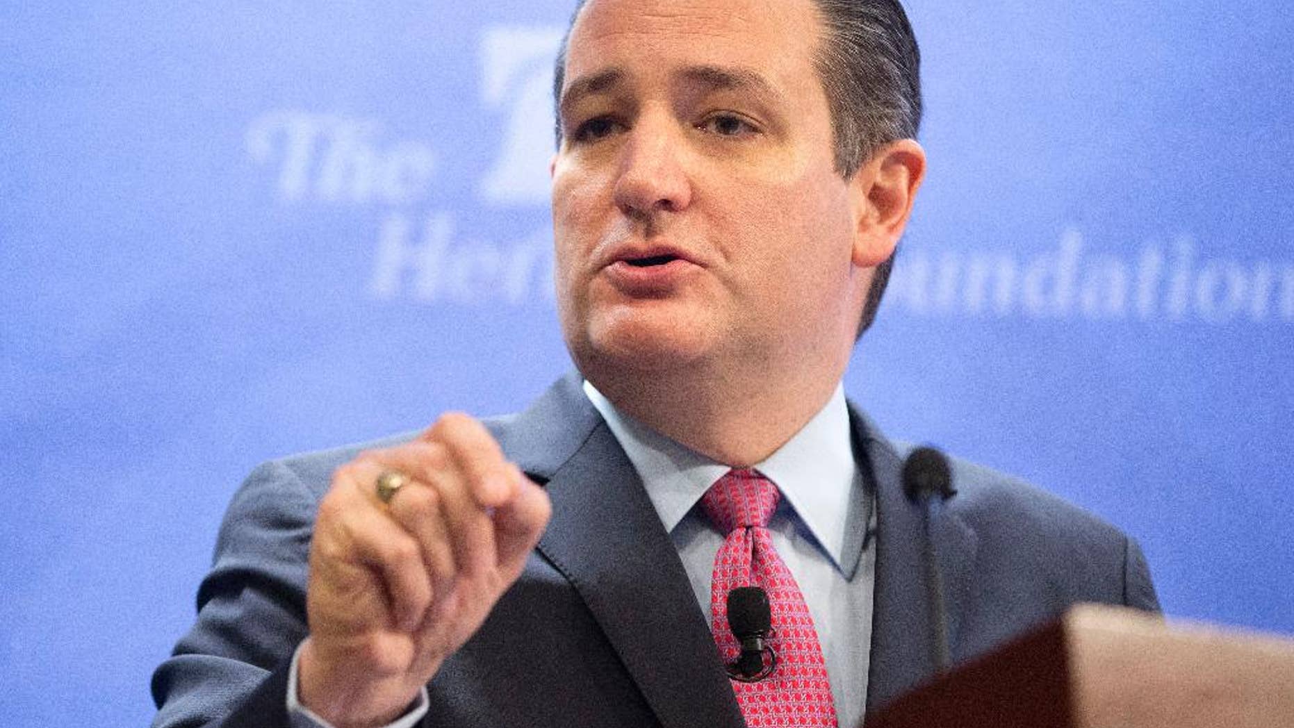 Republican presidential candidate Sen. Ted Cruz, R-Texas speaks at the Heritage Foundation in Washington, Thursday, Dec. 10, 2015. (AP Photo/Pablo Martinez Monsivais)