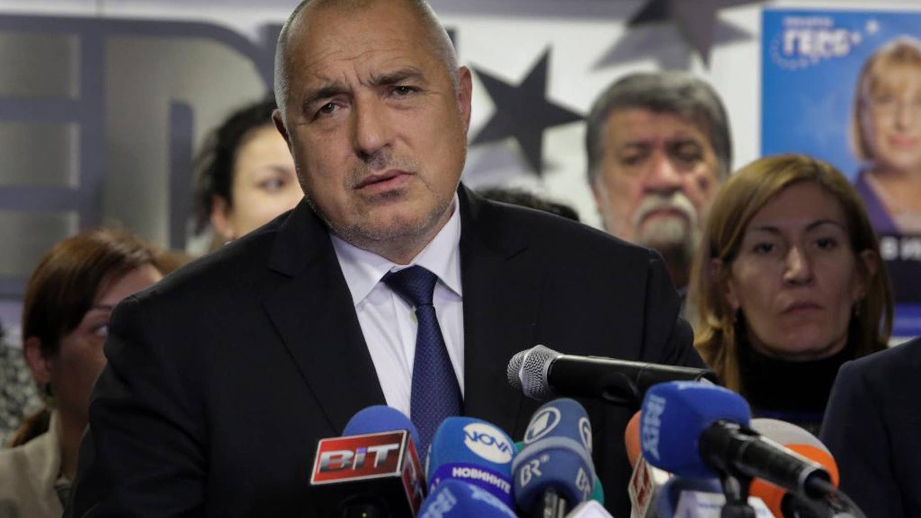 Bulgarian Prime Minister Boiko Borisov announces his resignation, during a press conference in Sofia, Sunday, Nov. 13, 2016. Borisov announced his resignation after exit polls showed his party losing badly in Sunday's runoff presidential election. (AP Photo/Valentina Petrova)