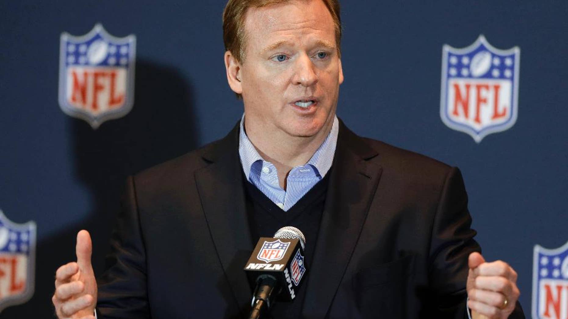 FILE - in this March 26, 2014, file photo, NFL Commissioner Roger Goodell answers questions during a news conference in Orlando, Fla. Goodell says the league asked for, but was not given, a just-released video showing former Baltimore Ravens running back Ray Rice hitting his then-fiancee on an elevator. Goodell says during an interview with CBS aired Tuesday, Sept. 9, 2014: "We assumed that there was a video. We asked for video. But we were never granted that opportunity." (AP Photo/John Raoux, File)