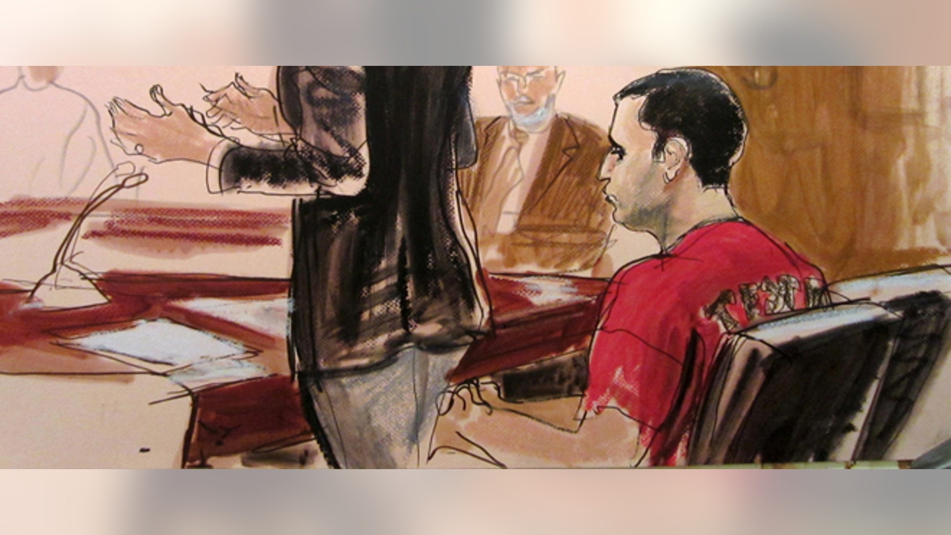 In this courtroom drawing Federal Defender Julie Gatto requests bail for her client, New York City Police Officer Gilberto Valle, right, at Manhattan Federal Court, Thursday, Oct. 25, 2012 in New York. Valle was charged with leading a ghoulish double life by using a law enforcement database and fetish chat rooms to dream up a plot to torture women and then cook and eat their body parts. (AP Photo/Elizabeth Williams)