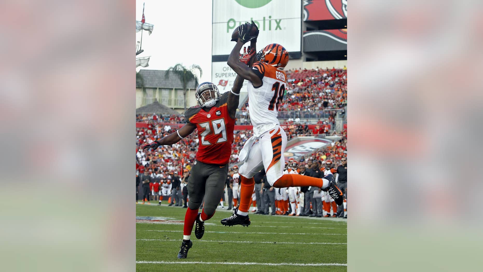 Cincinnati Bengals wide receiver A.J. Green (18) pulls in a 13-yard touchdown reception in front of Tampa Bay Buccaneers cornerback Leonard Johnson (29) during the third quarter of an NFL football game Sunday, Nov. 30, 2014, in Tampa, Fla. (AP Photo/Brian Blanco)