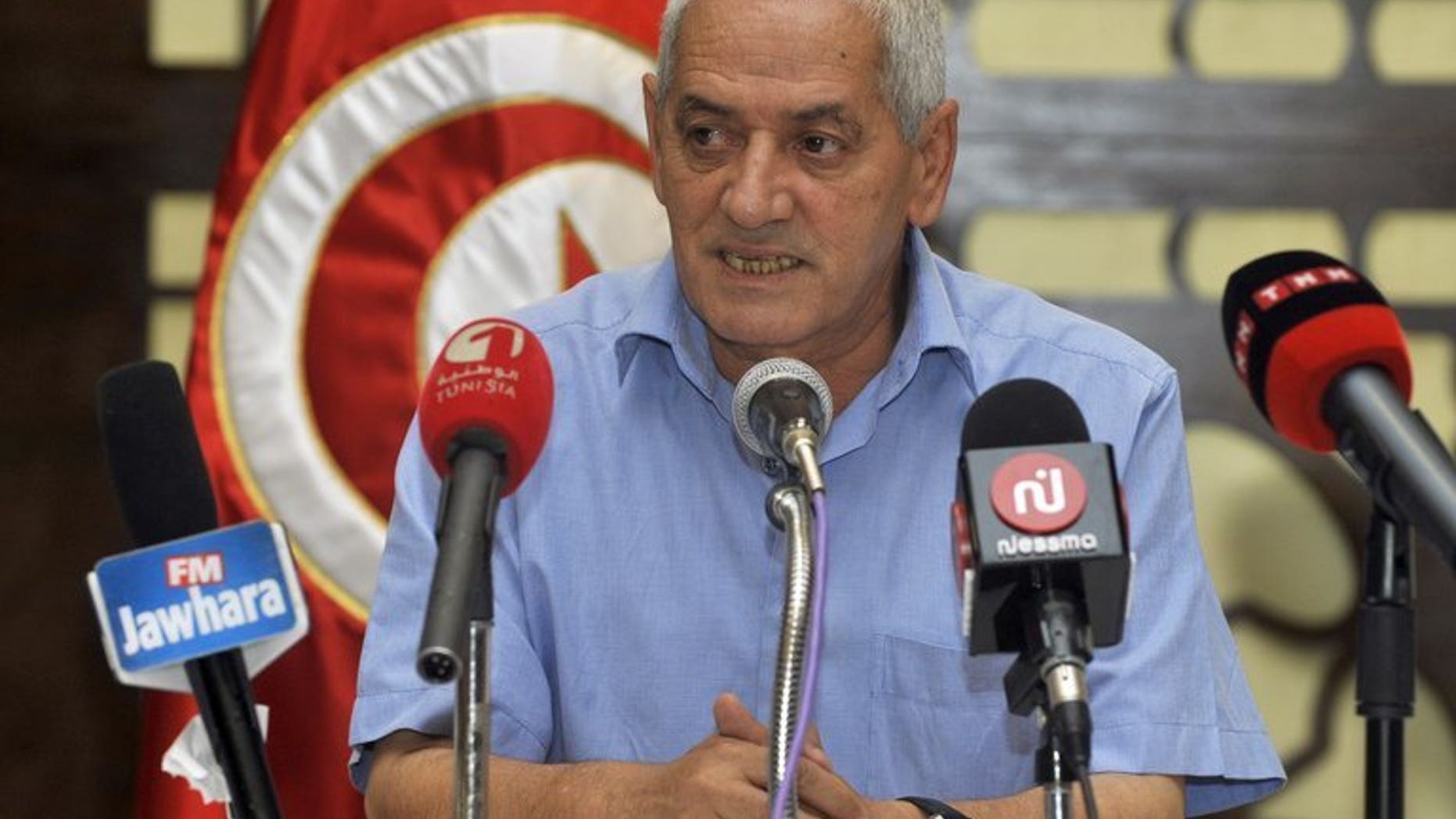 Houcine Abbassi, Secretary General of the Tunisian General Labour Union (UGTT), speaks during a meeting of the UGTT's administrative committee in Tunis on July 29, 2013