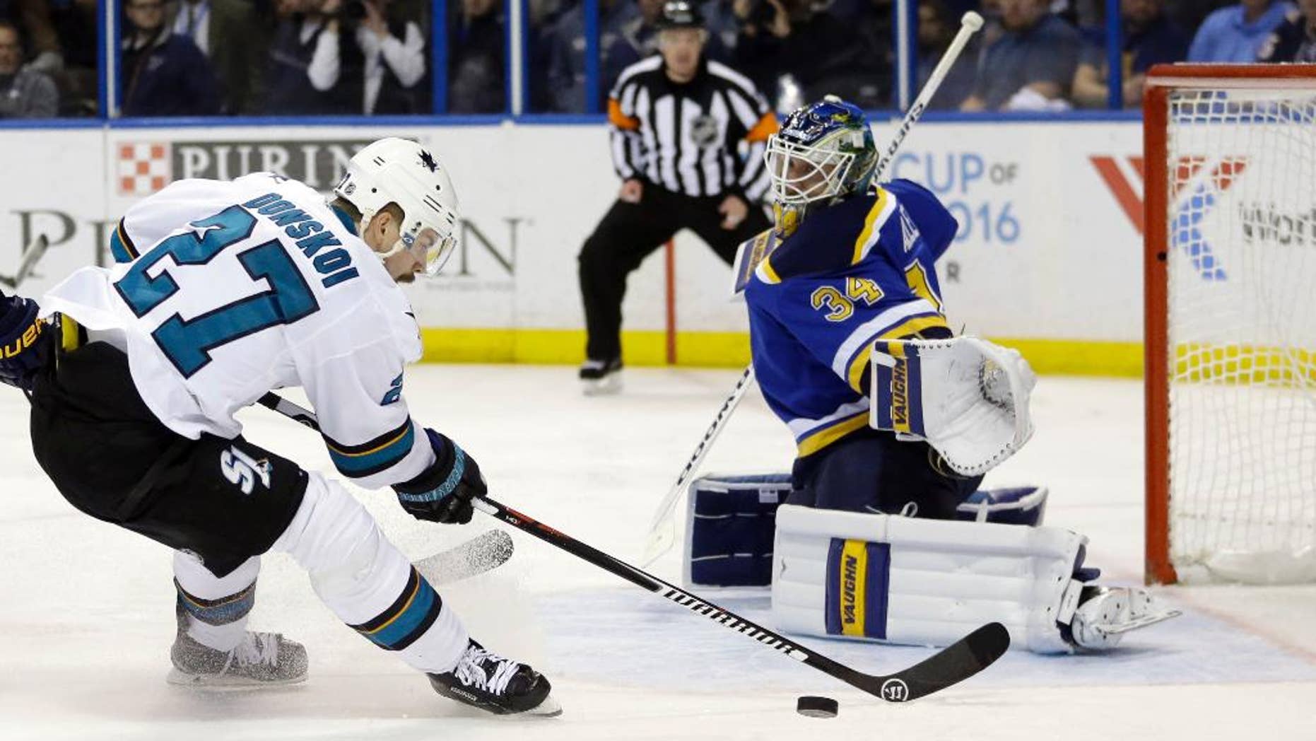 San Jose Sharks right wing Joonas Donskoi (27) chases the puck against St. Louis Blues goalie Jake Allen (34) during the third period in Game 5 of the NHL hockey Stanley Cup Western Conference finals, Monday, May 23, 2016, in St. Louis. (AP Photo/Jeff Roberson)