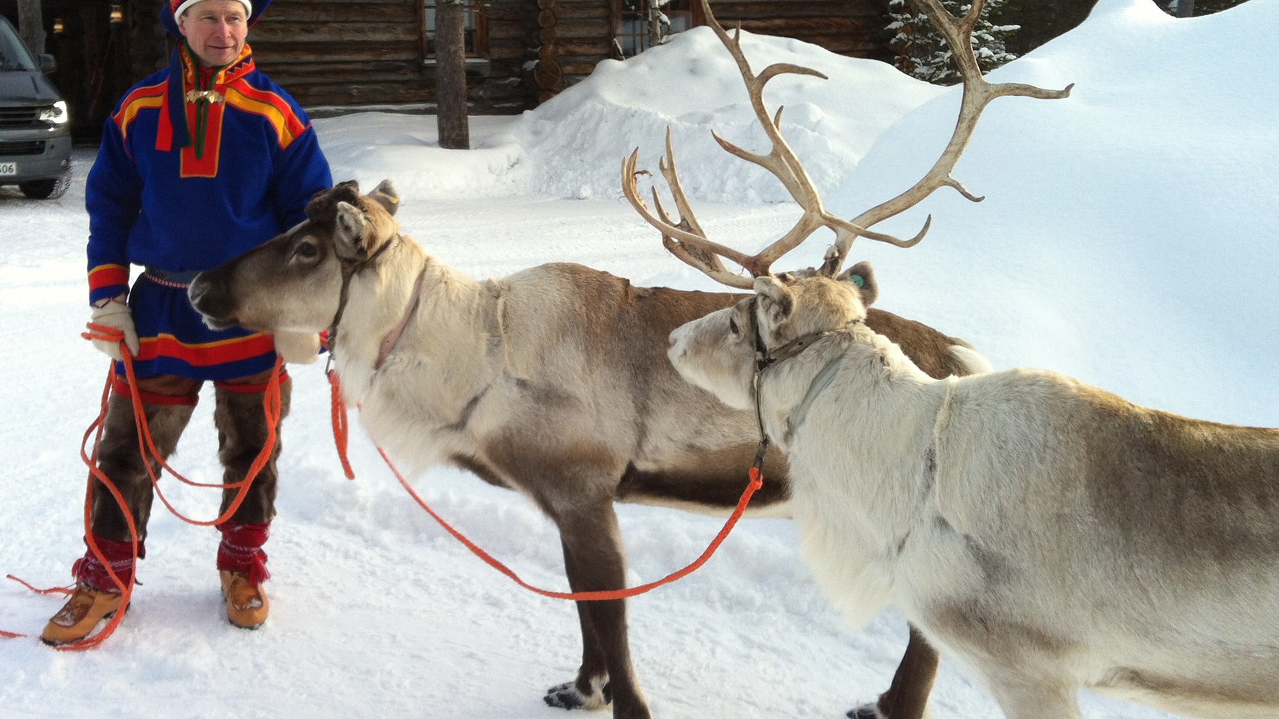 In this March 2013 photo, A Sami handler in traditional clothing holds two of his herd in Saariselka, Finnish Lapland. Reindeer are featured on Christmas cards and in movies worldwide this time of year, galloping across the sky with Santa’s sleigh in tow. But on Europe’s northern fringe, the migratory mammals are part of everyday life all year round as they roam the fells of Lapland - the Arctic homeland of the indigenous Sami people of Norway, Sweden, Finland and northwest Russia. (AP Photo/ David McDougall)
