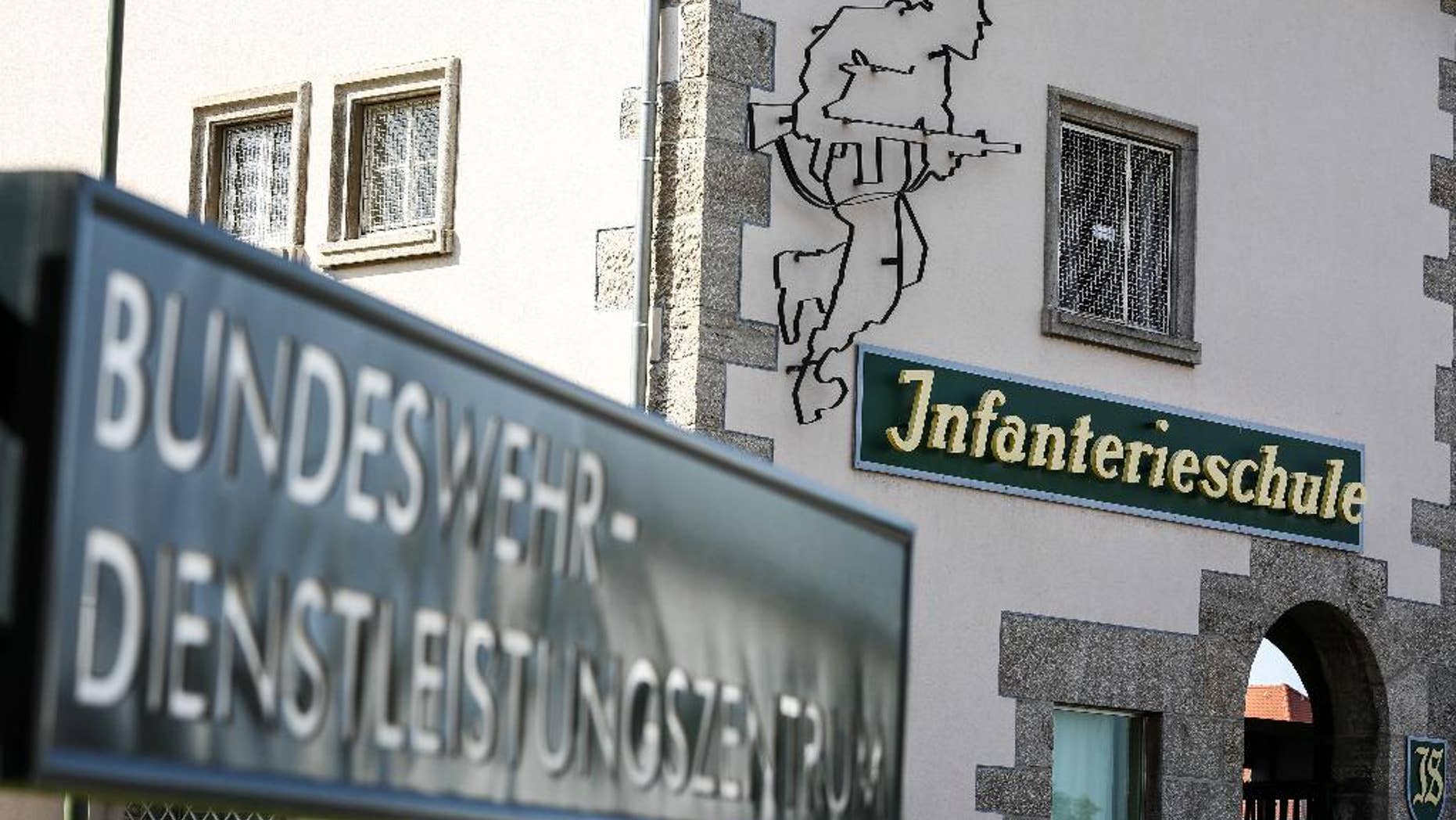 The entrance of the army school in Hammelburg, Germany, is photographed on Sunday Sept. 28,2014. Germany’s army has started training 32 Kurdish peshmerga fighters at a Bundeswehr army school in Bavaria to support them in their fight against Islamic State extremists. A spokesman for the German defense ministry said Sunday that the 32 Kurdish fighters would stay in Germany until October 3 to receive weapons’ training. (AP Photo/dpa/David Ebener)