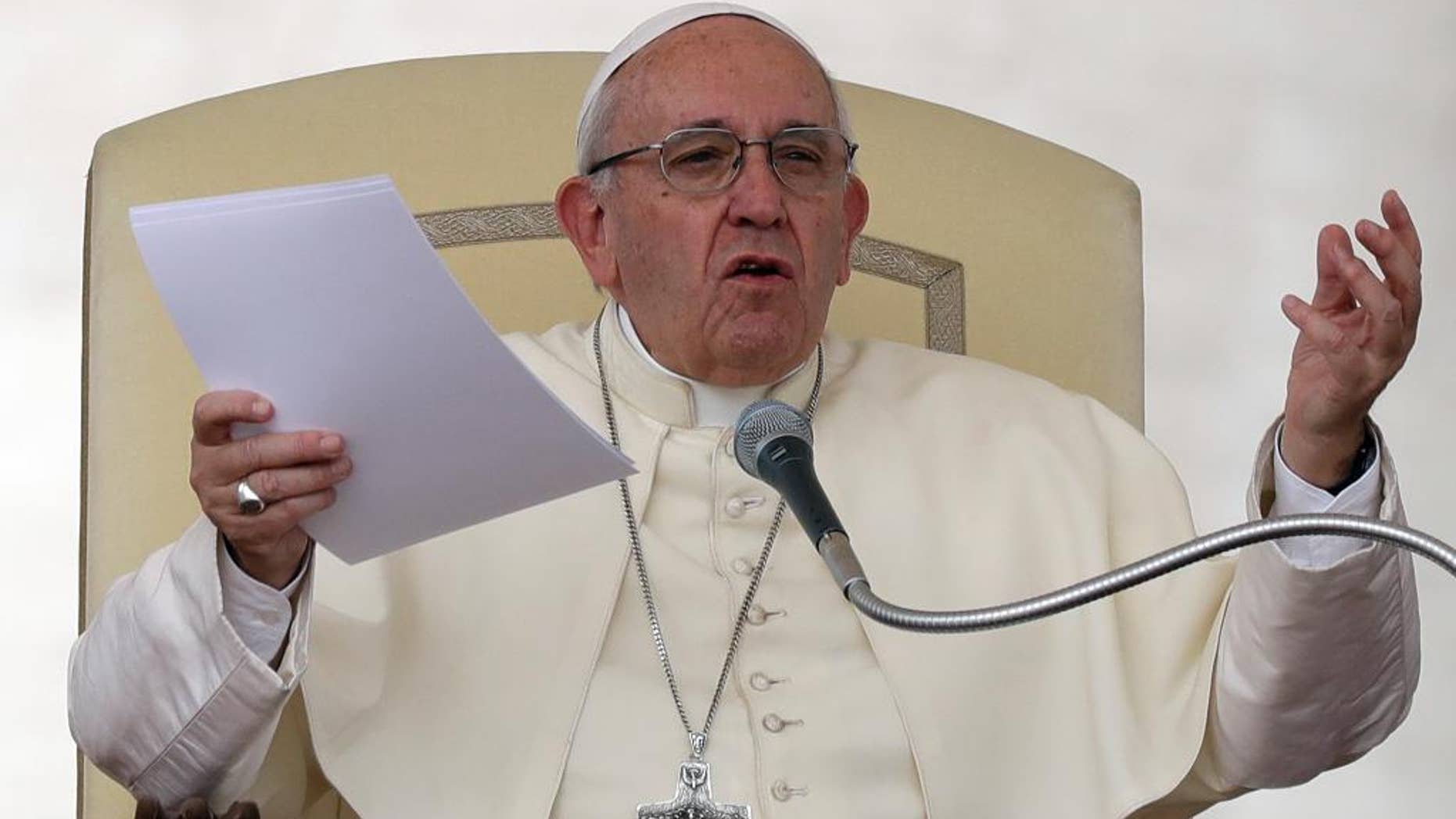 Pope Francis delivers his message during his weekly general audience, in St. Peter's Square, at the Vatican, Wednesday, Aug. 31, 2016. (AP Photo/Andrew Medichini)