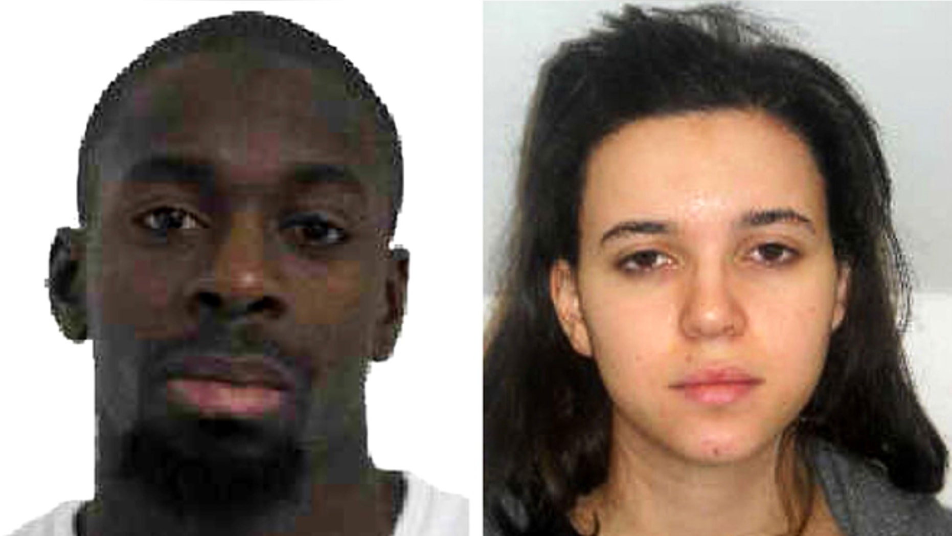 Pictured in this composite of handout photos provided by the Direction Centrale de la Police Judiciaire on January 9, 2015 are Amedy Coulibaly, aged 32, (L) who is wanted in connection with the shooting of a French policewoman yesterday and suspected as being involved in the ongoing hostage situation at a Kosher store in the Porte de Vincennes area of Paris, and known associate Hayat Boumeddiene, aged 26. (Photo by Direction centrale de la Police judiciaire via Getty Images)